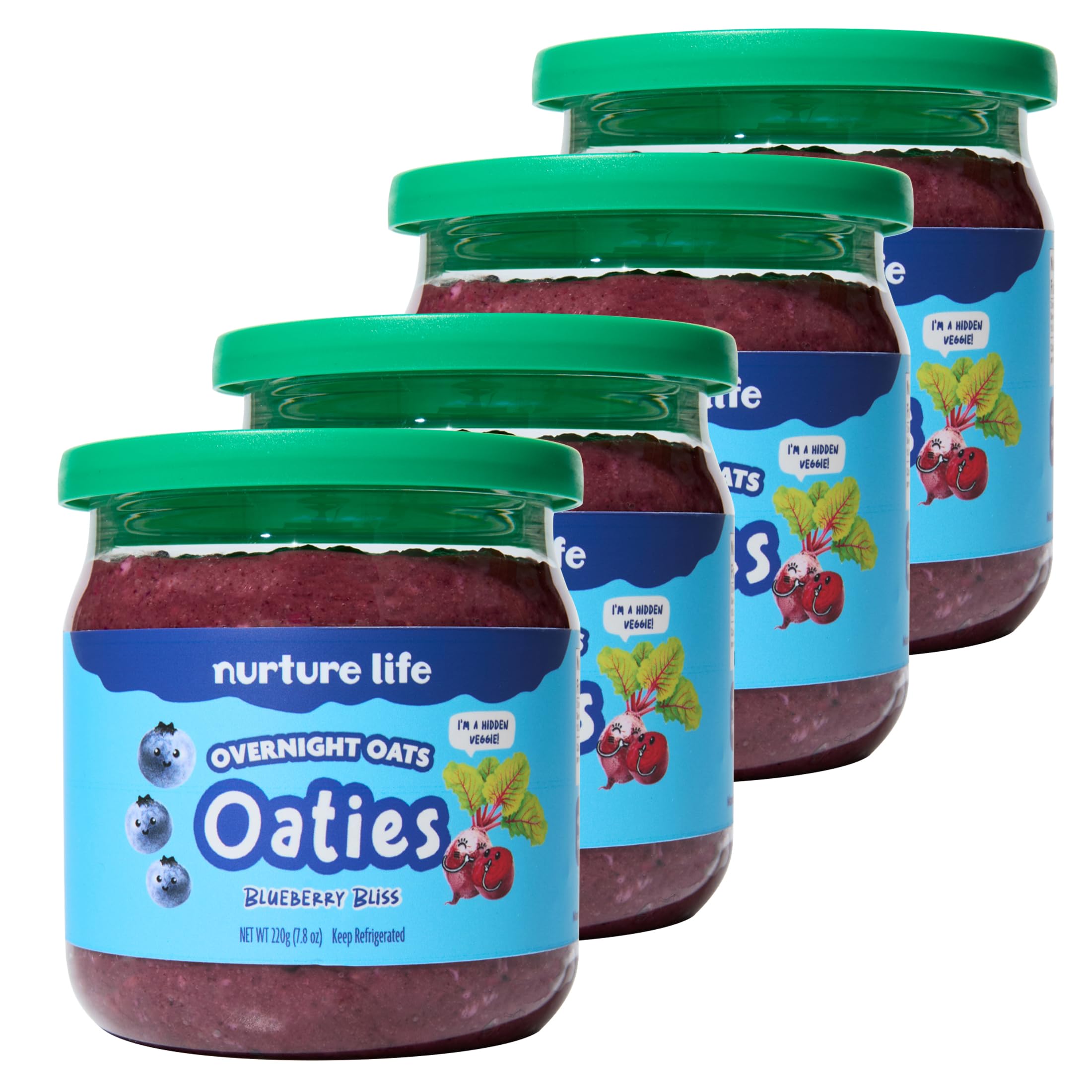 Nurture LifeOvernight Oats, Blueberry Bliss, Healthy Snacks for Kids, Nutritious Breakfast Food for Children w/Real Fruit, Hidden Veggies, No Added Sugar, Ready to Eat Meals for Toddlers & Kids, 4 Pack