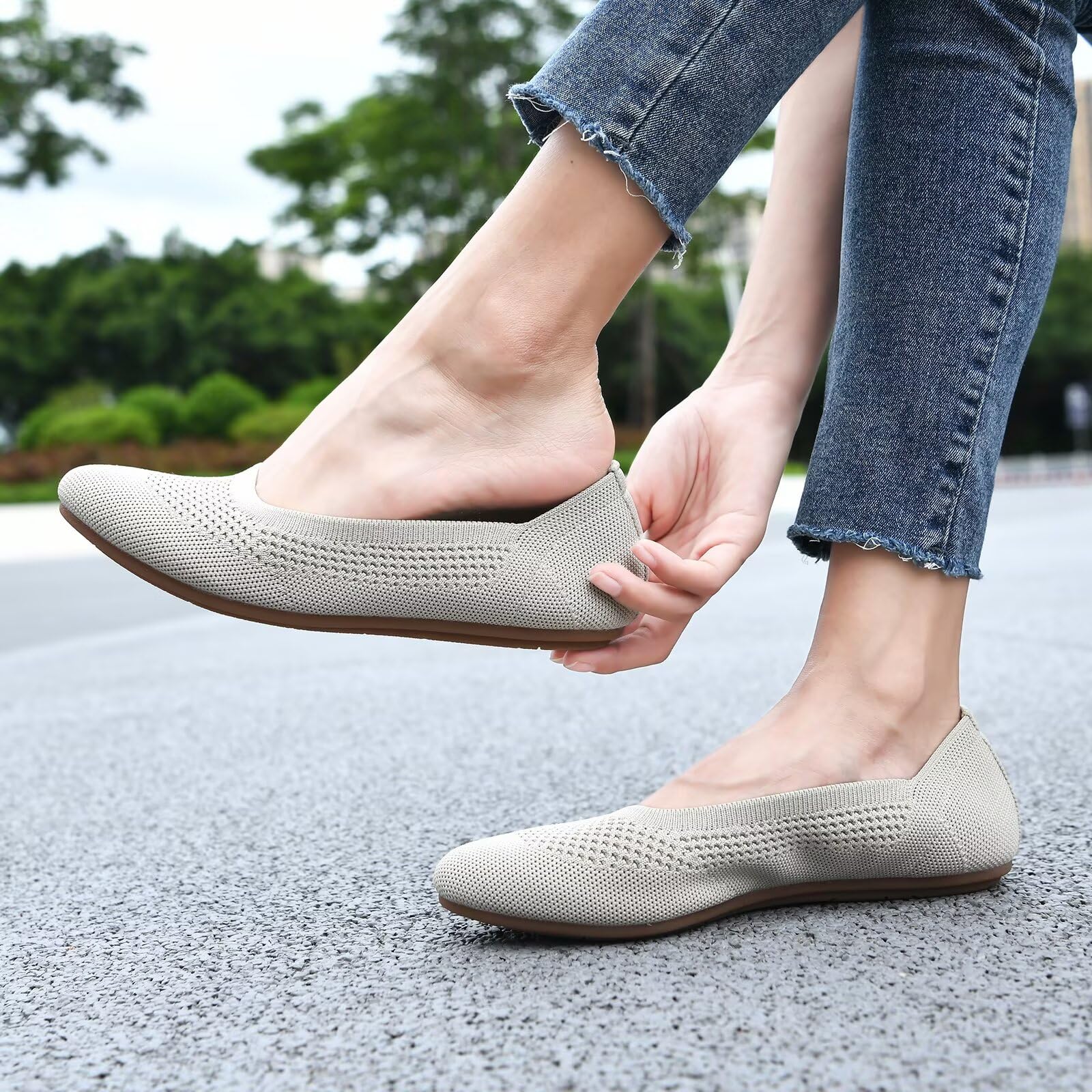 Puxowe Damen Strick-Ballerinas mit Rundkappe Flache Slip-On Schuhe Superweich Niedriger Keilabsatz
