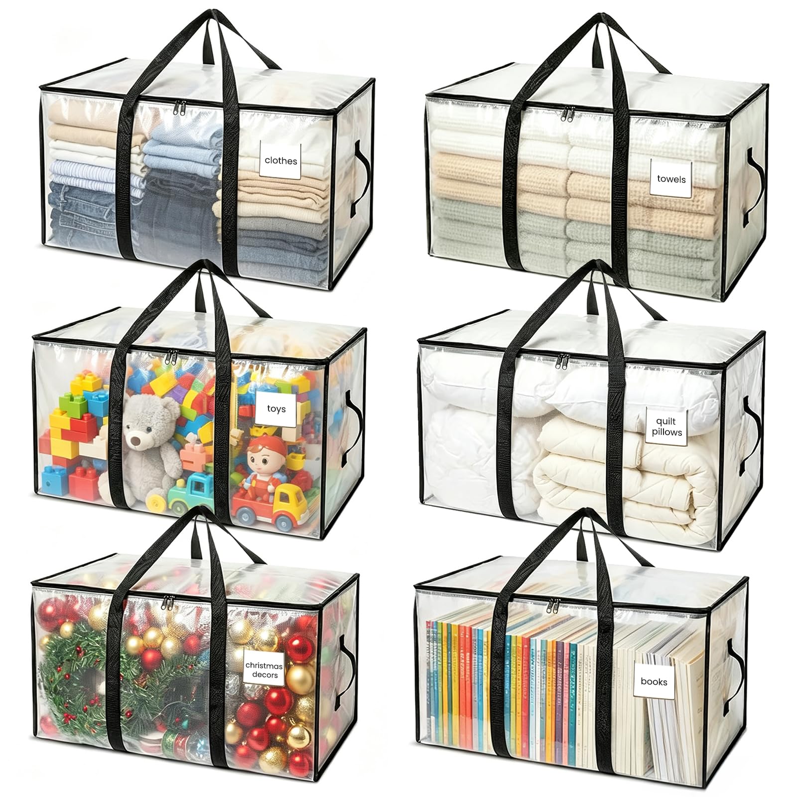 6 Pack Moving & Storage Bags, 100L Heavy Duty Clothes Storage Bags, Extra Large Clear Moving Bags with Zippers & Handles for Clothes, Bedding, Toys, Moving and Storage, Books and etc (6 Pack)