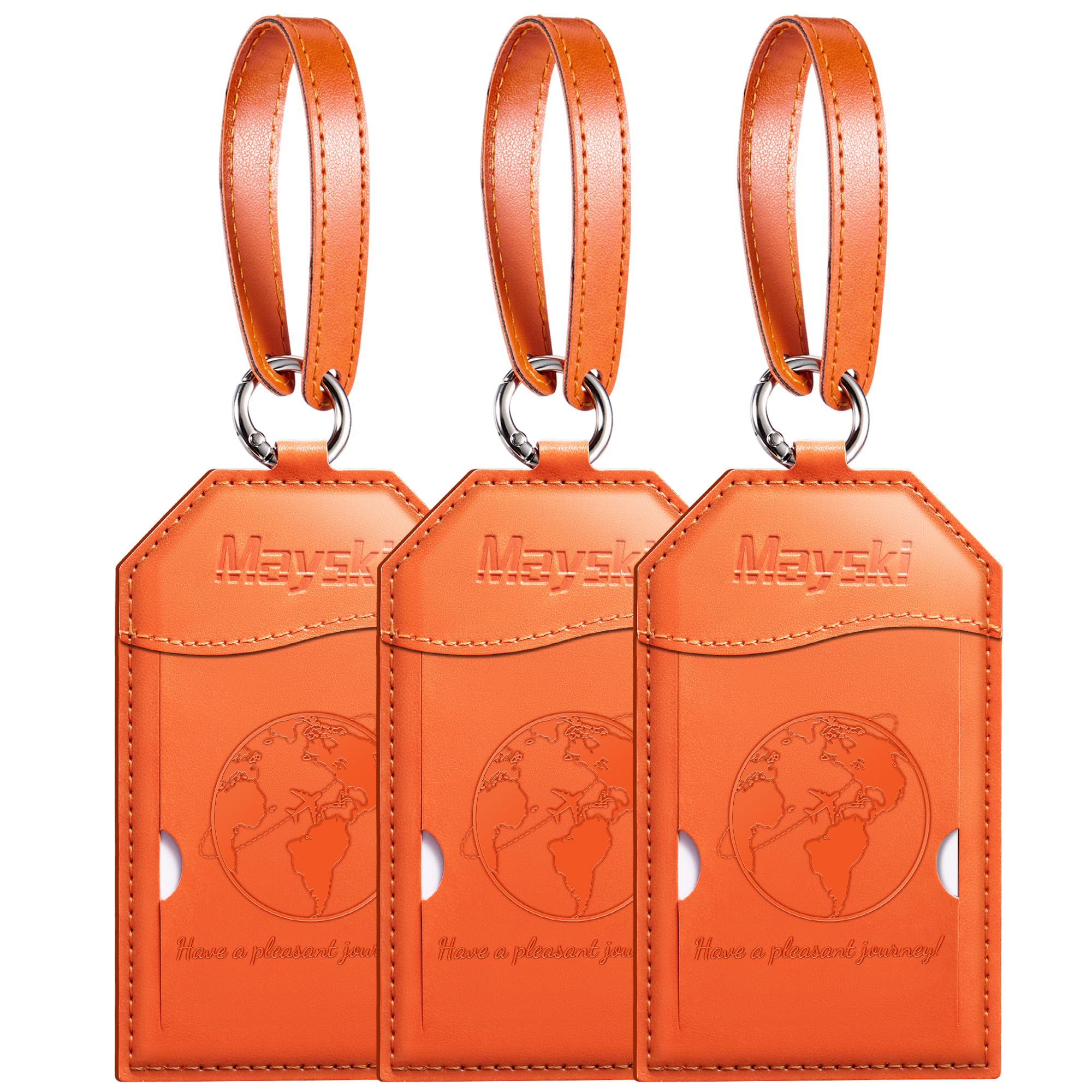 Mayski Luggage Tags for Suitcases, 3 Pack TSA Approved Suitcase Tags, Bag Baggage Travel Essential with Name ID Card, Metal Buckle, Orange Global
