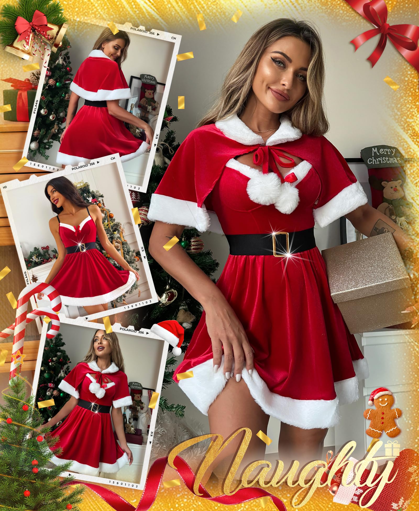RSLOVE Costume Mere Noel Femme - Robe de Noël Tenue de Fete Deguisement Mère avec Cape