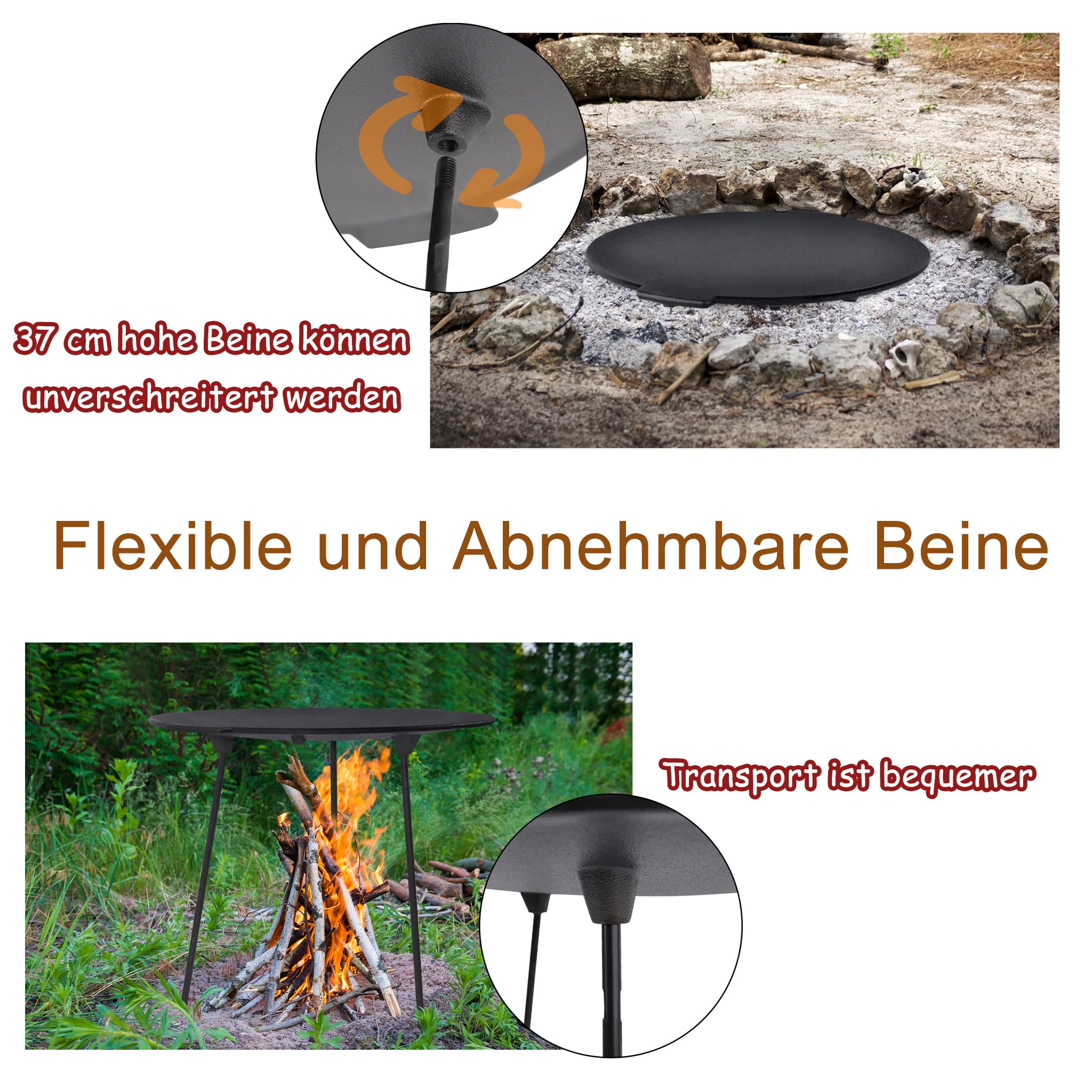 YRHome BBQ, żeliwna płyta grillowa, okrągła, Ø 45 cm, stojak na trójnogi, patelnia grillowa z uchwytami i torbą ochronną, wytrzymała patelnia outdoorowa, akcesoria do grilla, nakładka na kemping i do