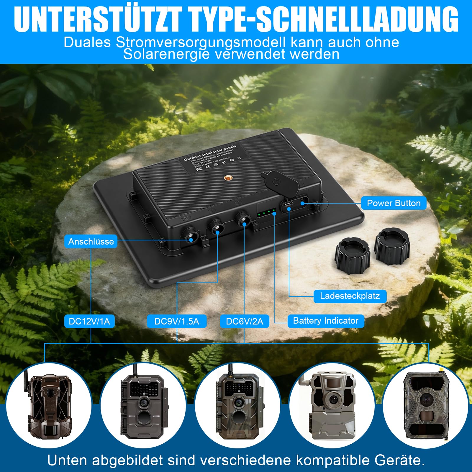 Solarpanel für Wildkamera 12V/9V/6V 7,4V 4000mAh Akku IP65 Jagdzubehör