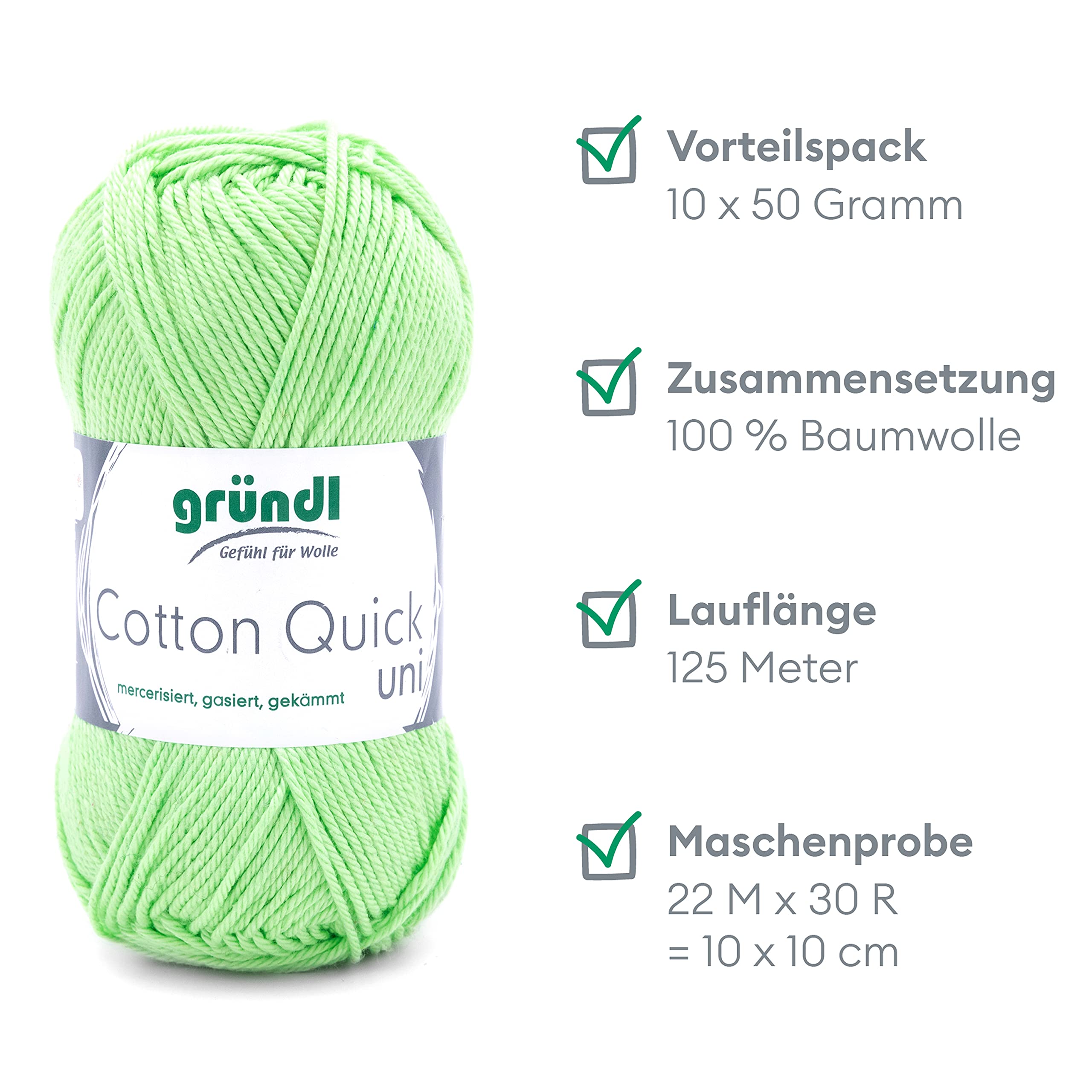 120 Gründl Wolle Cotton Quick uni - dünne Wolle zum Häkeln - Strickgarn - Häkelgarn - Glänzend und hautfreundlich - 100% Baumwolle - 10 Knäuel / 125 m - Nadelstärke 3-4 - Kiwi – Bild 2