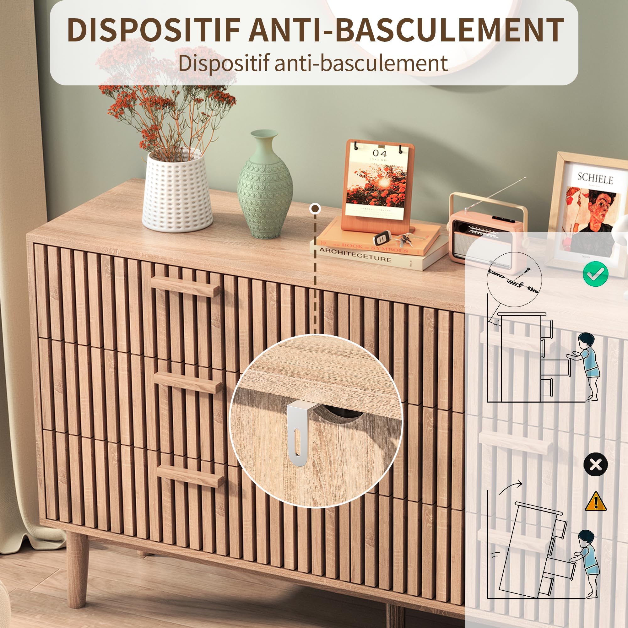 Meuble de Rangement en Bois, Commode 6 tiroirs,Meuble Profondeur 30cm, Armoire à tiroir avec Dispositif Anti-basculement, Commode d'enfant, commodes Chambre pour Chambre, Salon, Entrée