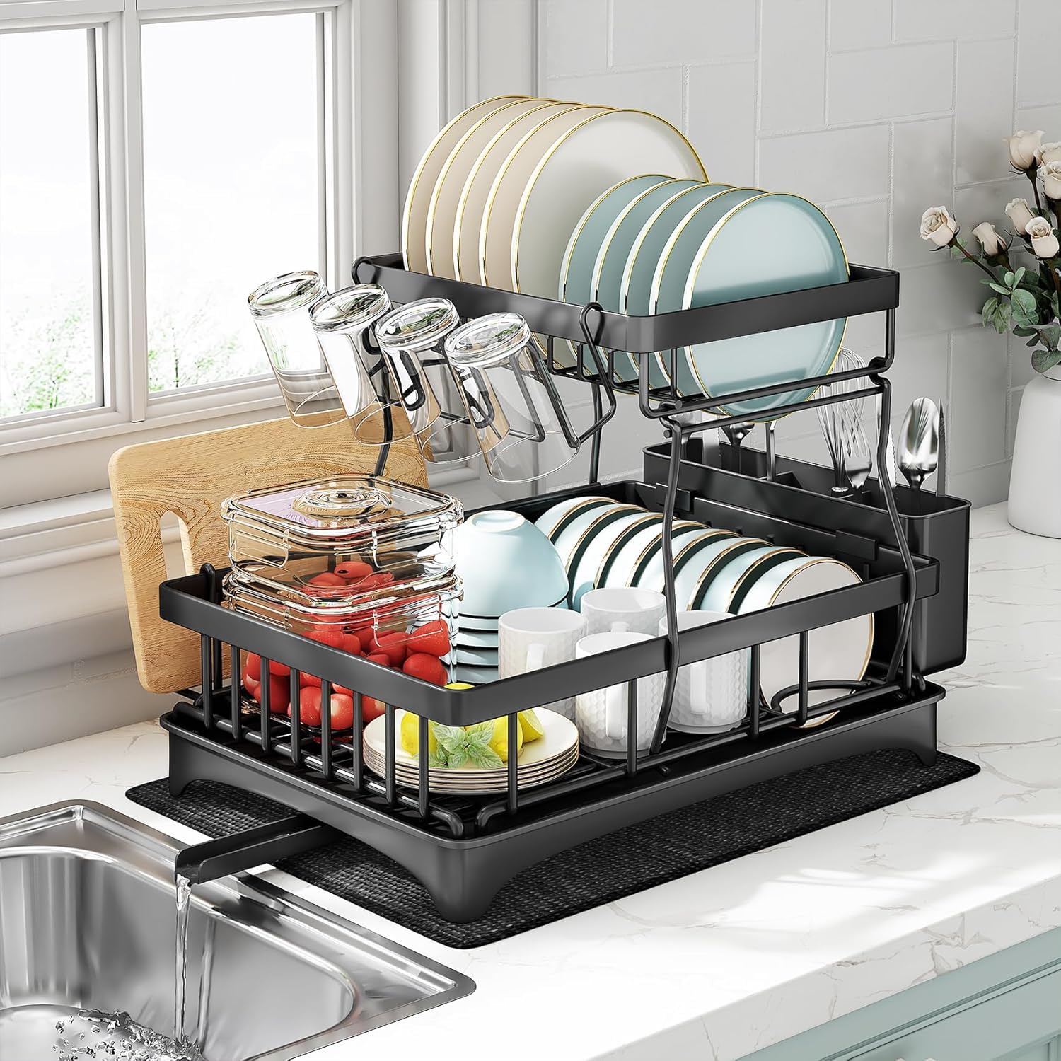 ROY ENTERPRISE Dish Drying Rack for Kitchen Counter, 2 Tier Dish Racks with Drainboard Set, Detachable Large Dish Drainer with Utensils Holder, Dish Racks with Drain Board (Black 2 Layer)