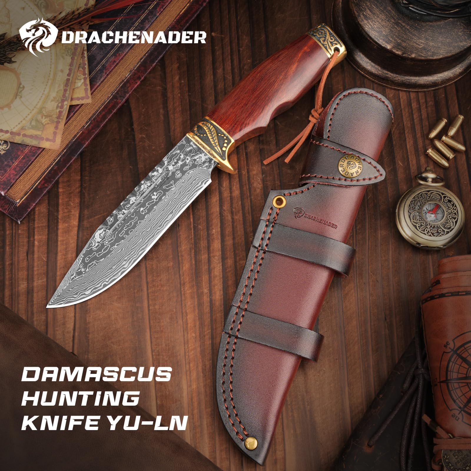 DRACHENADER Jagdmesser – 67 Lagen Vg10 Damaststahl, Handgeschmiedet, 14,7 cm Feststehende Klinge Messer, Outdoor Survival Gürtelmesser mit Lederscheide und Holzgriff (B- Damast Stahl Klinge)