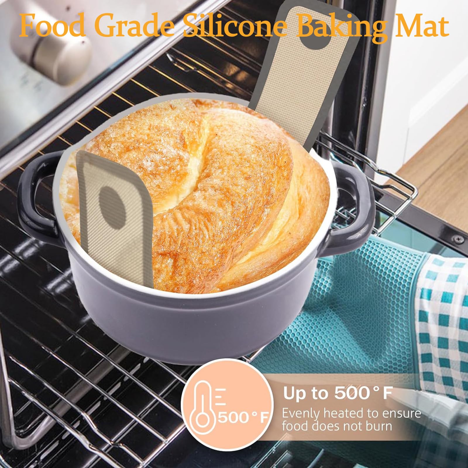 Maty do pieczenia, silikonowe zawiesie do chleba do garnka holenderskiego z długimi uchwytami 56 x 21 cm, nieprzywierające i wielokrotnego użytku, odporne na -40°C do +260°C, bez BPA, do zakwasu