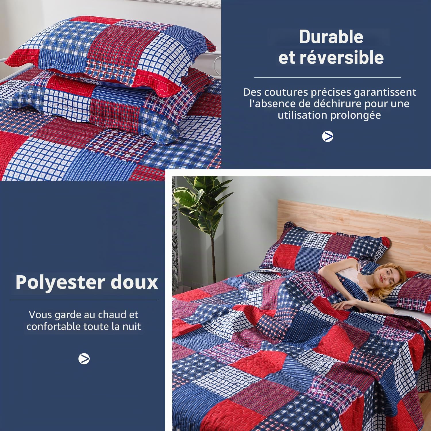 Jessy Home Couvre-lit réversible léger en Patchwork avec 2 taies d'oreiller pour Homme Rouge/Bleu