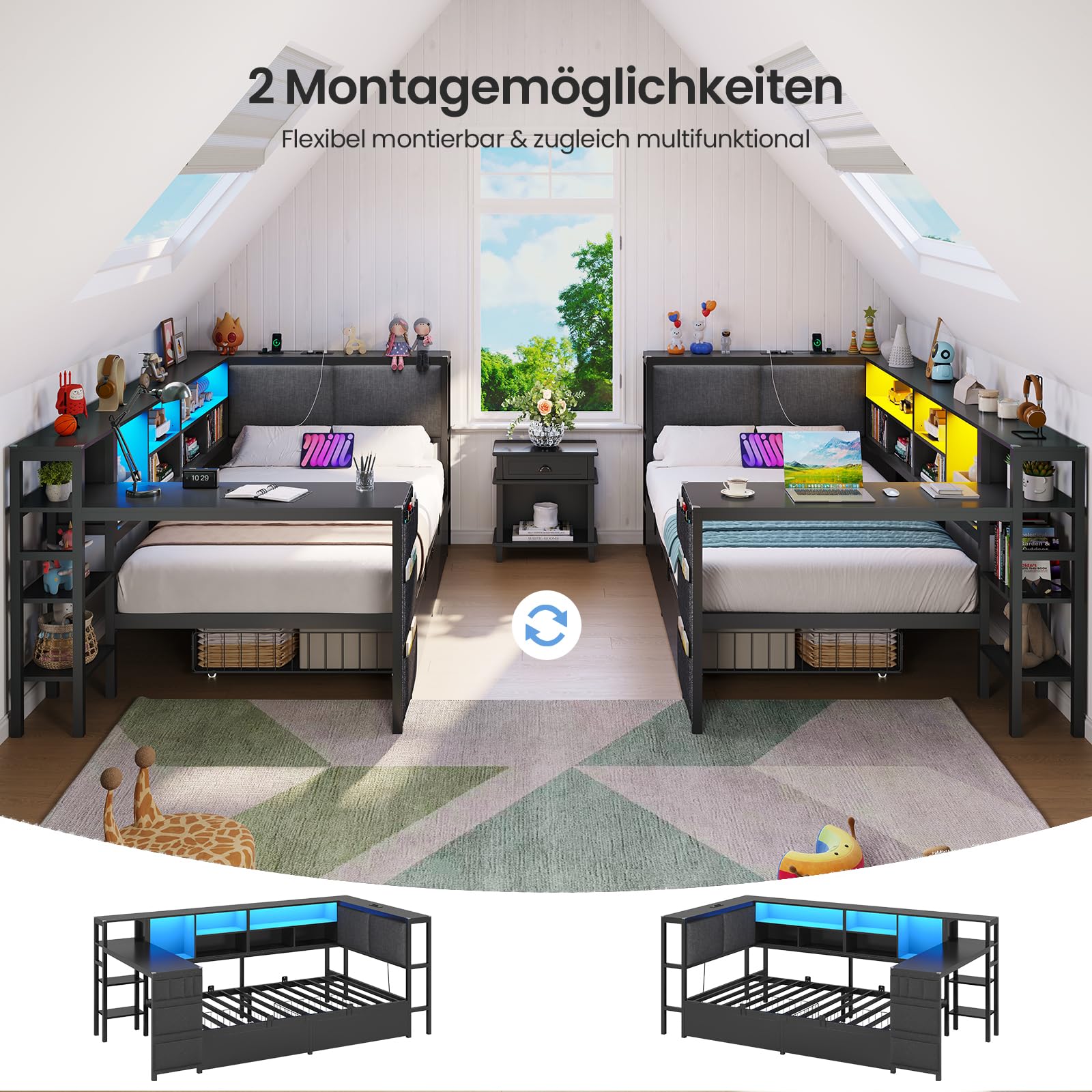 Brinlawb Schlafsofa mit LED-Beleuchtung und Ladestation, Jugendbett 90x200 cm mit einem 35x112cm Tisch und zwei großen Schubladen, Bett 90x200 Tagesbett mit polsterter Rückenlehne am Kopfteil, Schwarz