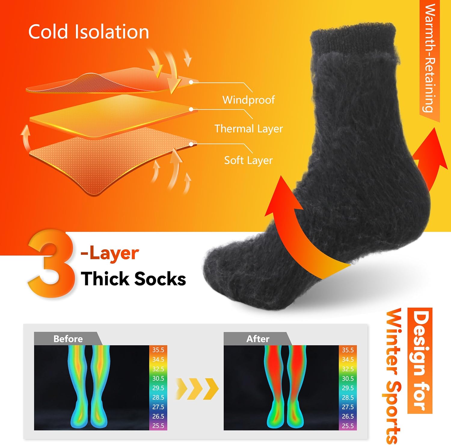 Sunew 4 Pairs Thermal Socks Skiing Snowboarding Hiking Mens Womens 7X Warmer Winter Crew Boot Socks - Image 2