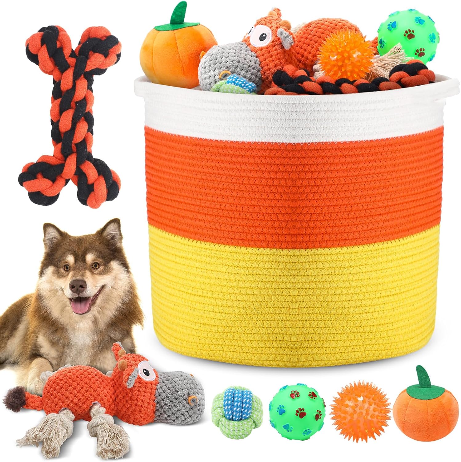 Abbylike 7 Pcs Halloween Dog Toys Set Candy Corn Rope Basket Puppy Toy Bundle with Squeaky Pumpkin Dog Chew Toy and Rubber Ball Fun Teeth Cleaning & Interactive Play for Small Medium Dogs