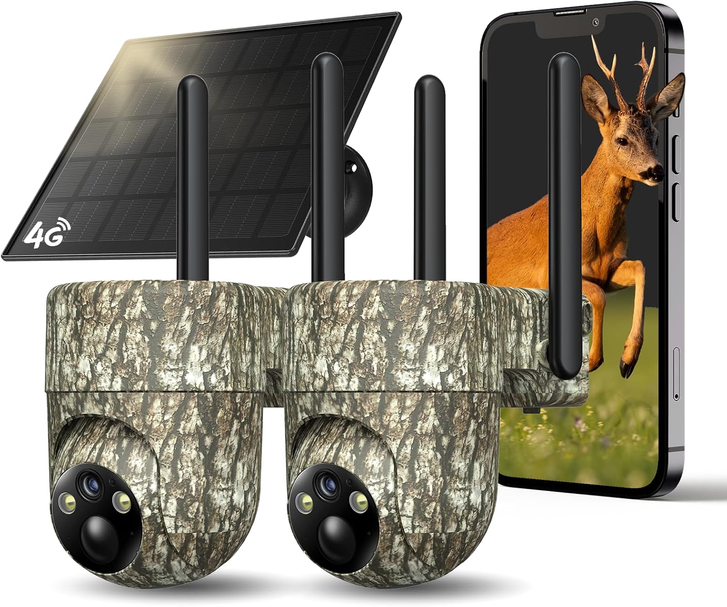TKENPRO Trail Cameras 360° View 4G LTE Cellular Game Camera with Live Streaming, Built-in SIM Card, PIR Motion Activated, 2K Auto Tracking Security Cameras Outdoor, No WiFi Needed, Camo Print-2 Pack