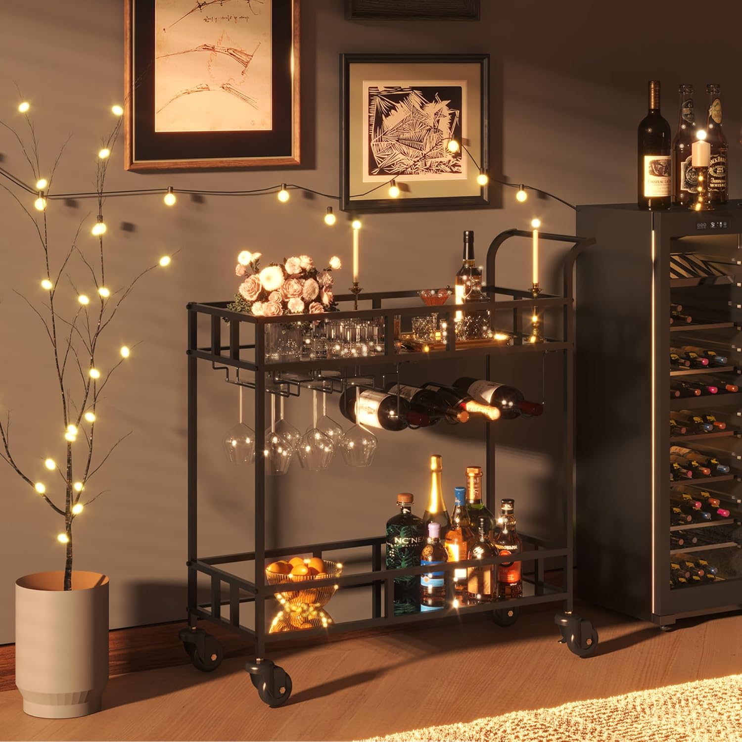 Bar Cart, Serving Cart for Home, Microwave Cart, Drink Cart, Mobile Kitchen Shelf with Wine Rack and Glass Holder, Rolling Beverage Cart