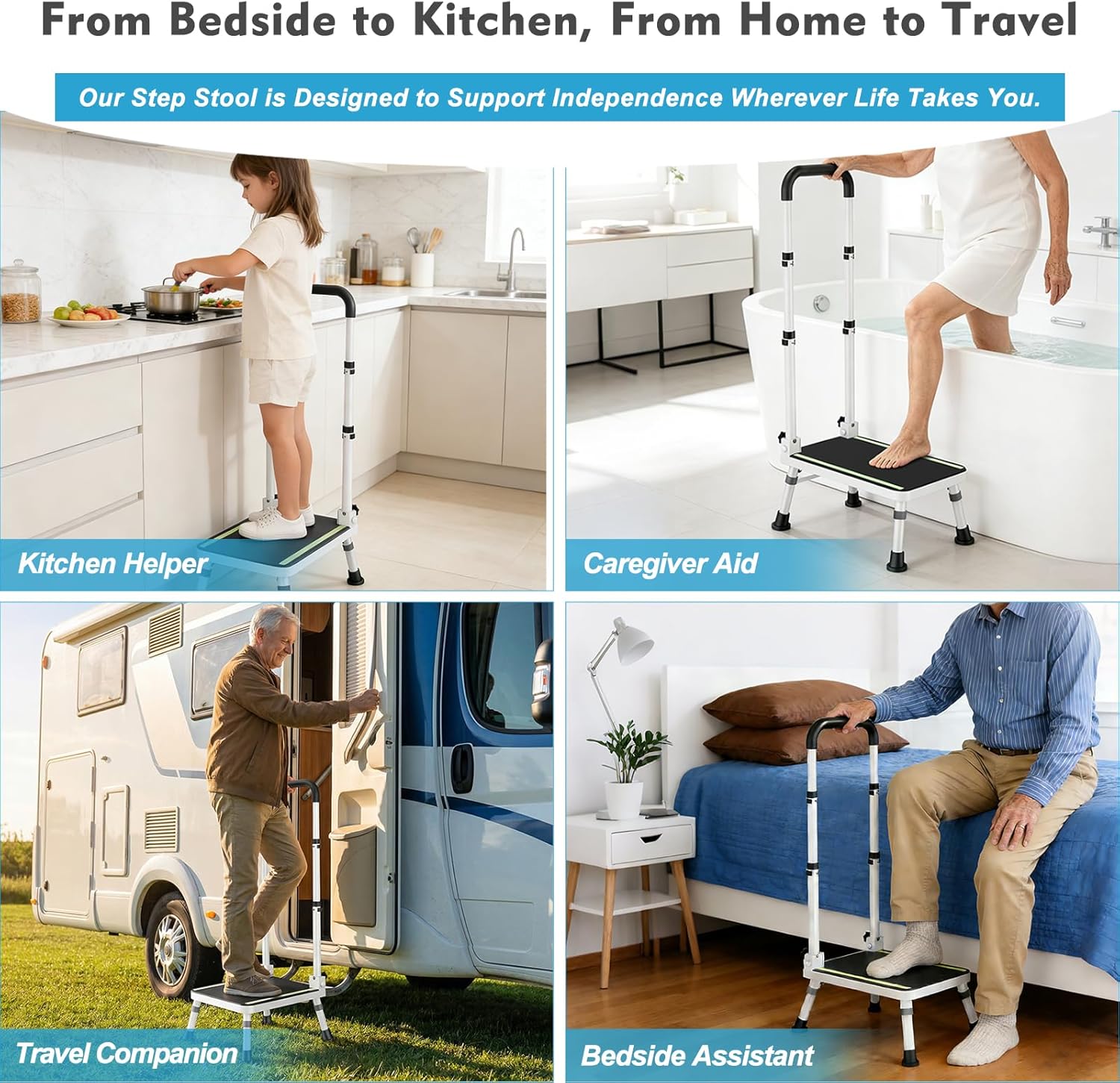 Bed Step Stool for Elderly & Seniors – Portable Step Stool with Handle for Travel, Kitchen, Bedside Sturdy Step Stool for Elderly, Adult, Kids, 500 lbs Capacity at Kitchen, Bedroom, Bathroom, Car