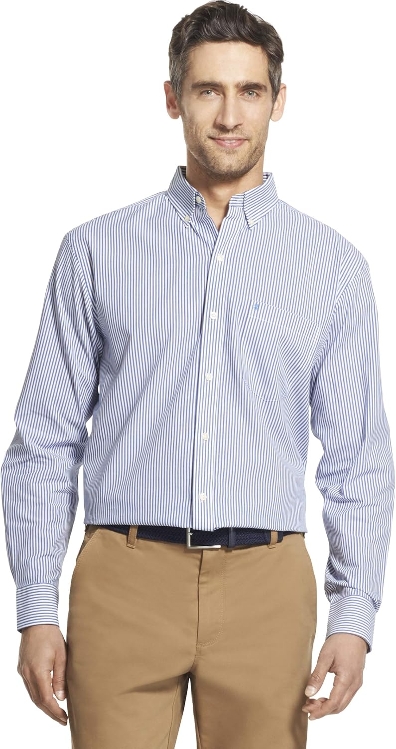 IZOD Men's Button Down Long Sleeve Stretch Performance Stripe Shirt