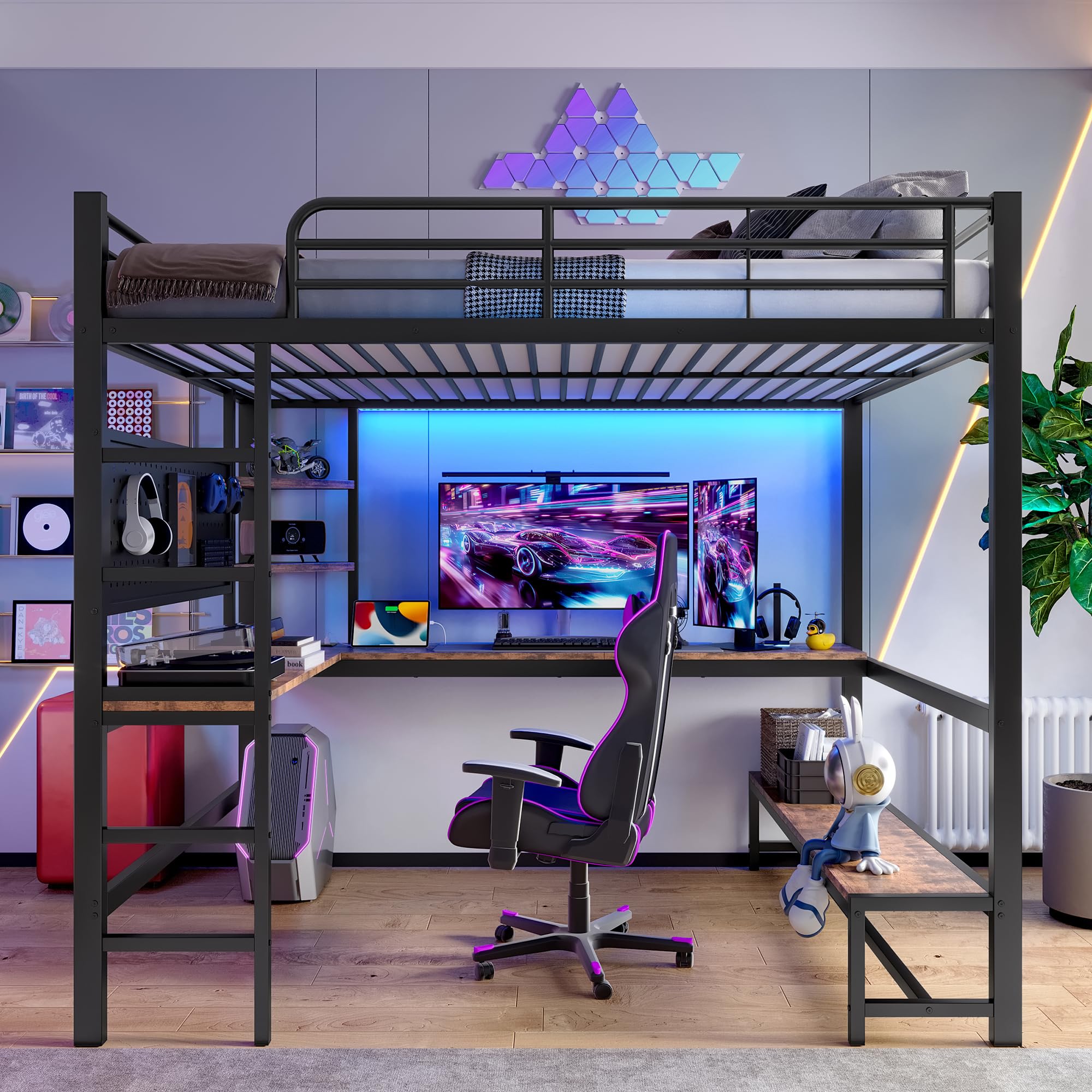 Lit Mezzanine 2 Places 140x200 avec LED et USB C, Lit Enfant en Métal avec Bureau et étagère et Rambarde, Lit Mezzanine Enfant avec Panneau Perforé et Escalier, Lit en Hauteur Structure en Fer, Noir