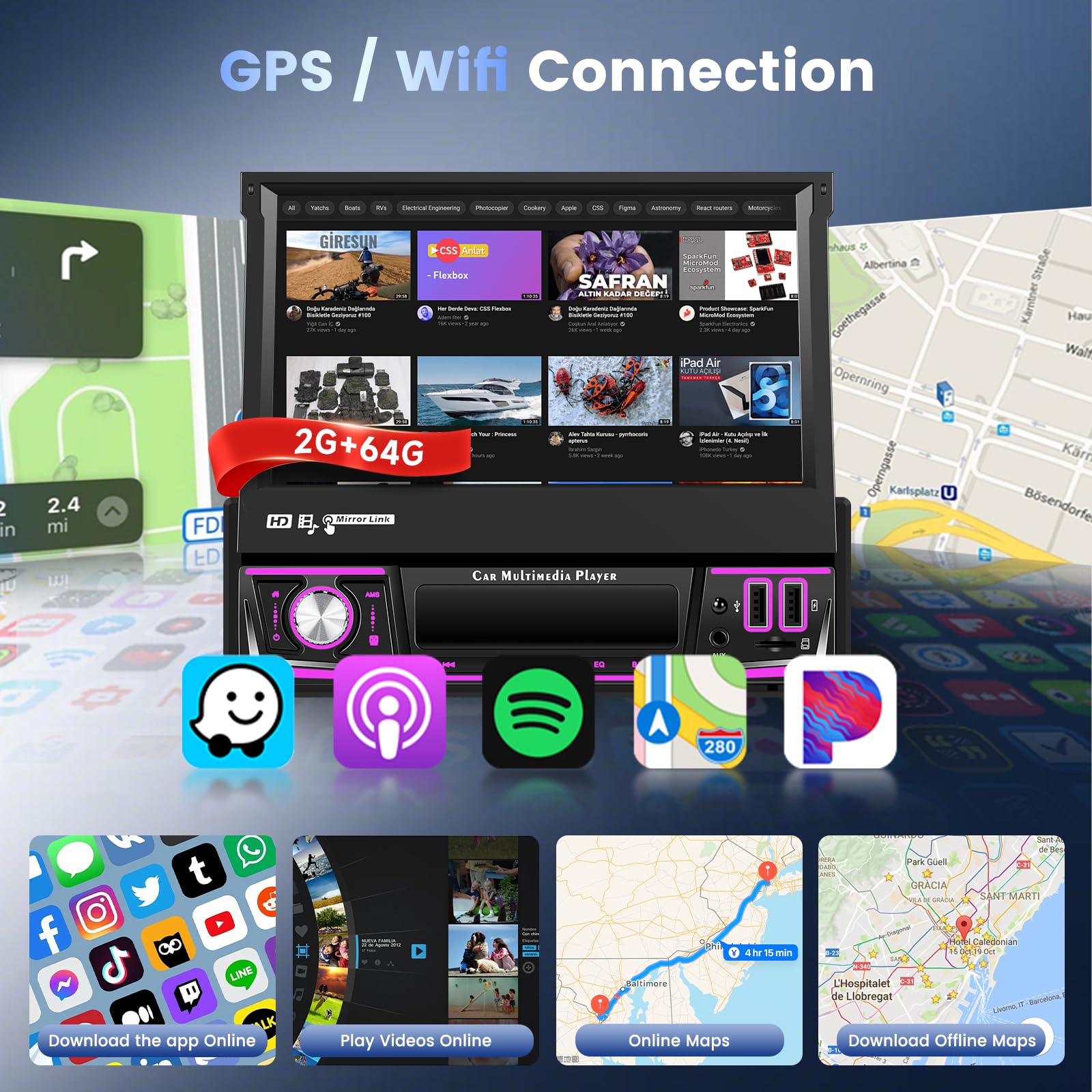 Hodozzy 2G + 64G Android singolo DIN Flip Out Car Stereo, 7 pollici Touchscreen Autoradio con CarPlay Android Auto, GPS 1 Din Car Audio con WIFI, Bluetooth, FM/RDS, DSP, Schermo diviso, 2 USB, SWC