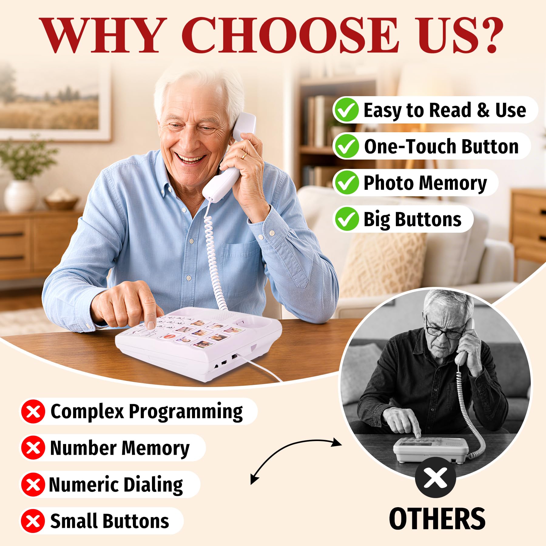 Uvital Teléfonos fijos con cable para ancianos, teléfono de botón grande para el hogar/hotel/oficina, teléfono de escritorio con marcación rápida de un solo toque, manos libres, control de volumen y