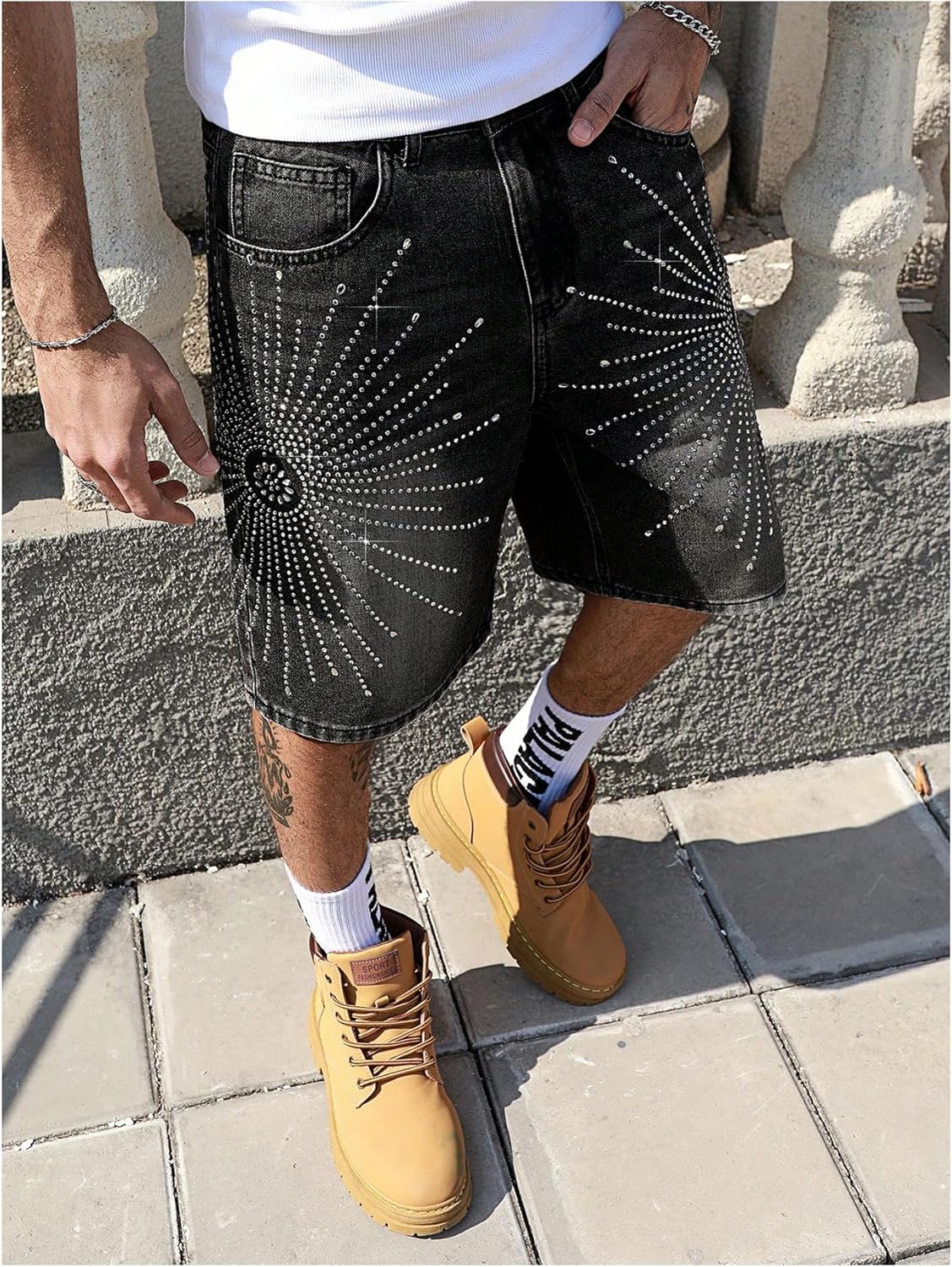 SHENHE Men's Baggy Jean Shorts Y2k Rhinestone Vintage Jorts Hip Hop Denim Shorts Streetwear - Image 2