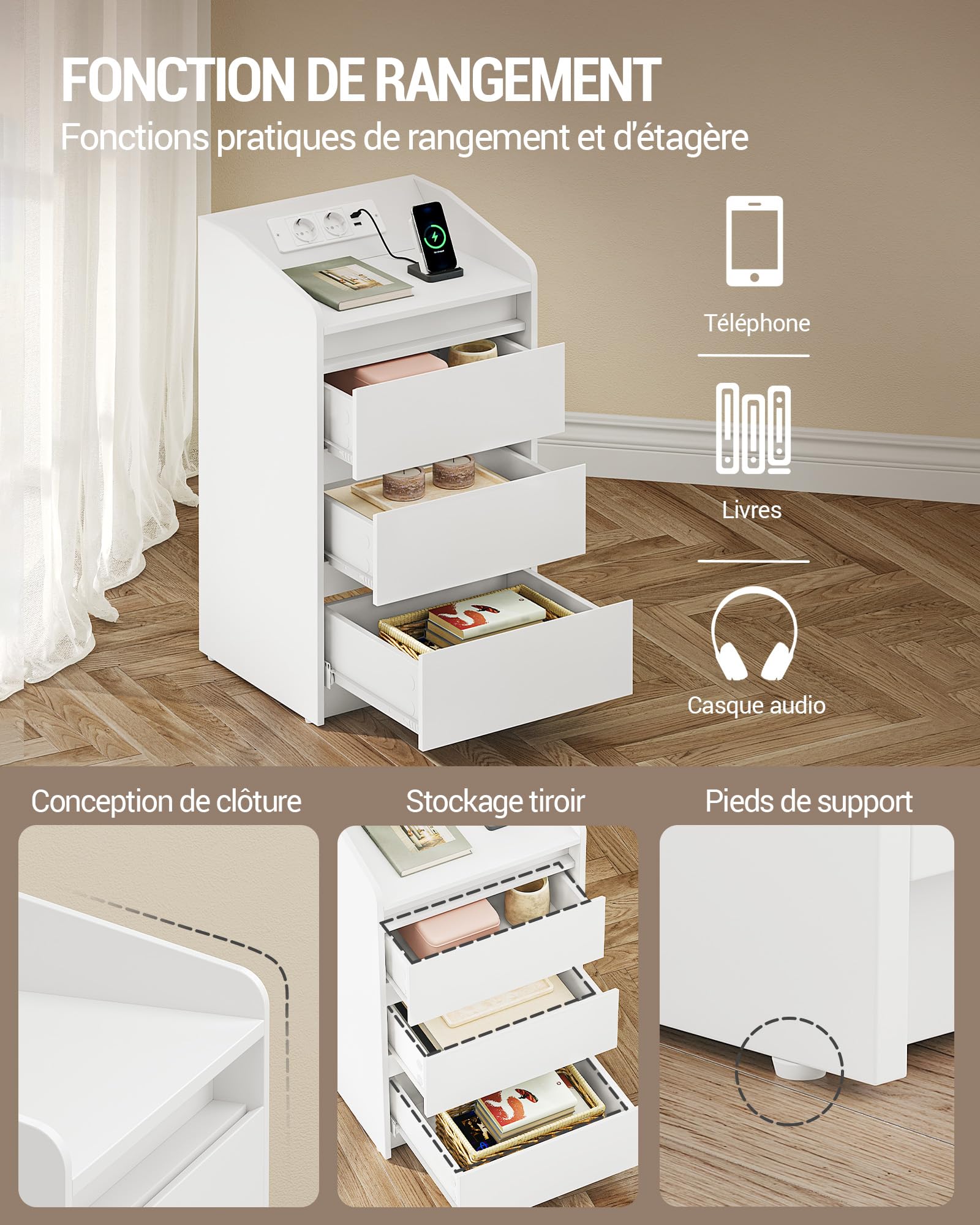 Hzuaneri Table de Chevet avec 3 Tiroirs, Table d'Appoint avec Station de Charge et LED, 2 Prises CA et 2 Ports USB pour Chambre à Coucher, Salon, Blanc NS40003X