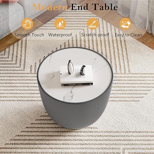 Miniatura 10 de Mesa auxiliar redonda moderna, mesa auxiliar de sofá de mármol sintético con base cubierta de cuero sintético en forma de cuenco, mesa auxiliar