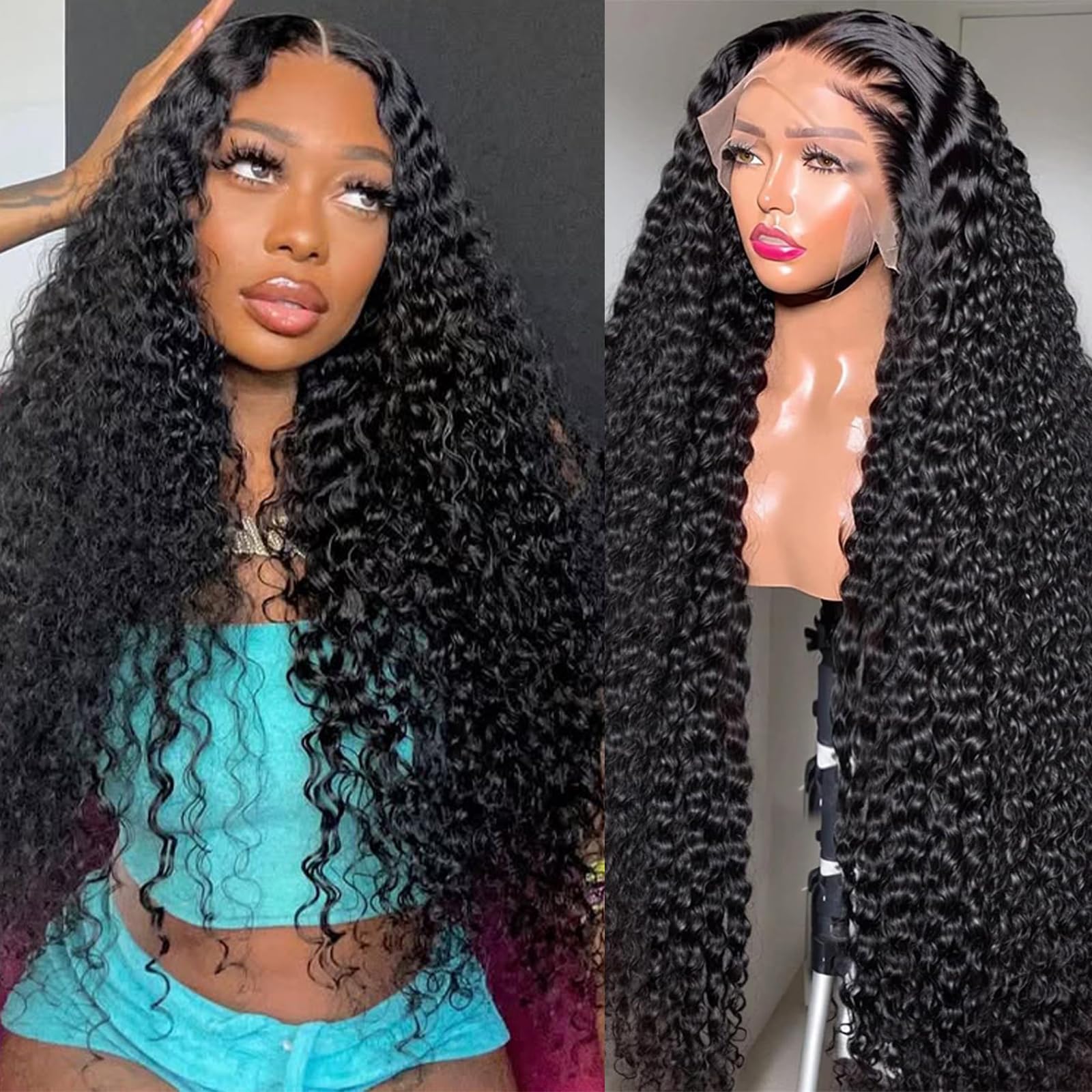 Momaksa 13x4 Deep Wave Lace Front Wigs Human Hair HD Transparent Curly Wigs 28 Inch