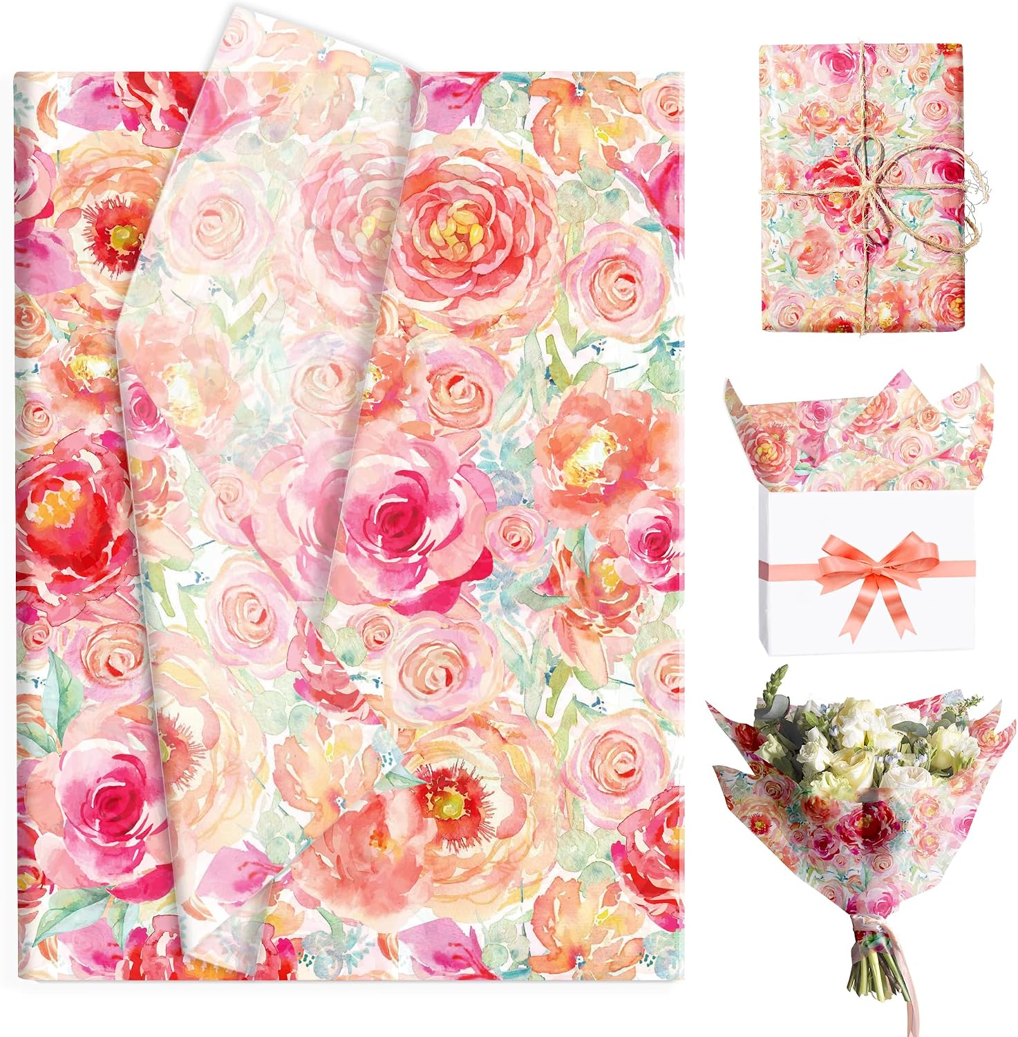 DodelyGz Watercolour Rose Tissue Paper, 60 Sheets, Valentine's Day Mother's Day Gift Wrapping, 13.8x19.7 Inches