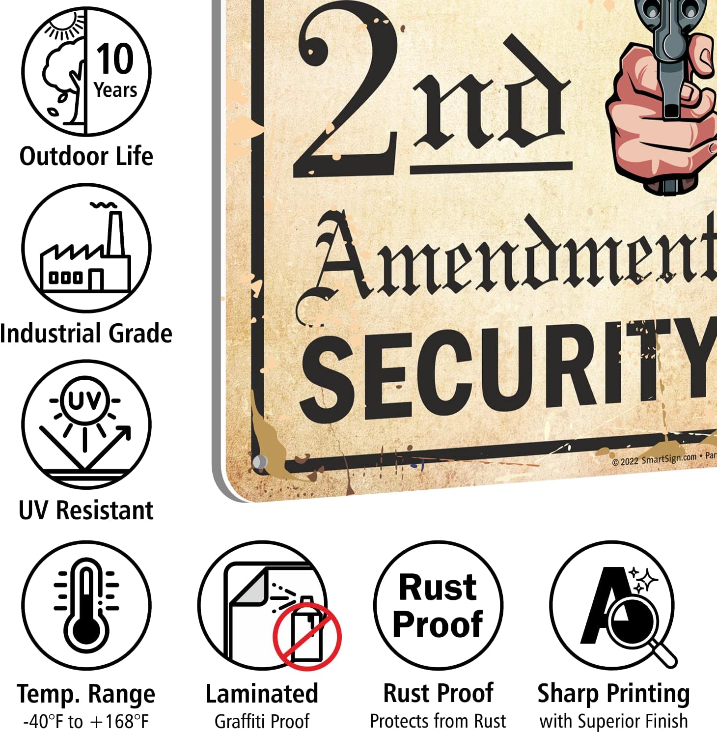 SmartSign 18 x 12 inch “Warning - Protected By 2nd Amendment Security” Metal Sign with Gun Graphic, 63 mil Laminated Rustproof Aluminum, Retro/Vintage, Multicolor, Made in USA