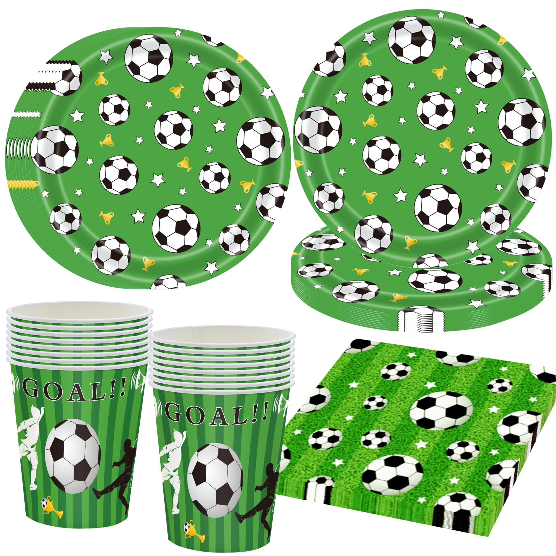 OMZSXK Fußball Partygeschirr für 16 Gäste,Grün Fussball Partyteller Party Deko Geschirr,Fußball Pappteller Pappbecher Servietten,Fussball Party Dekorationen Mädchen Junge Kindergeburtstag Deko