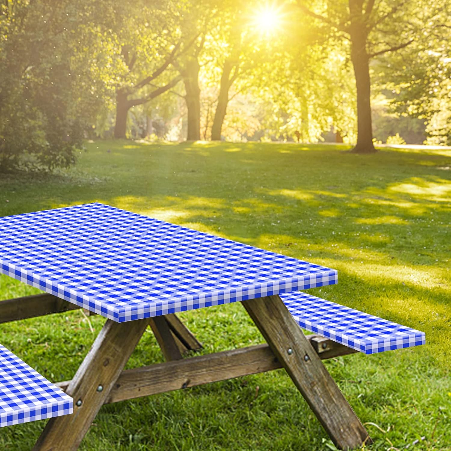 KENOBEE 7ft Picnic Table and Bench Cover, Camping Essentials RV Gear, 84 in Waterproof Windproof Outdoor Elastic All Around Tablecloth, Fitted Rectangle Tables and Seats, Blue-White Checkered