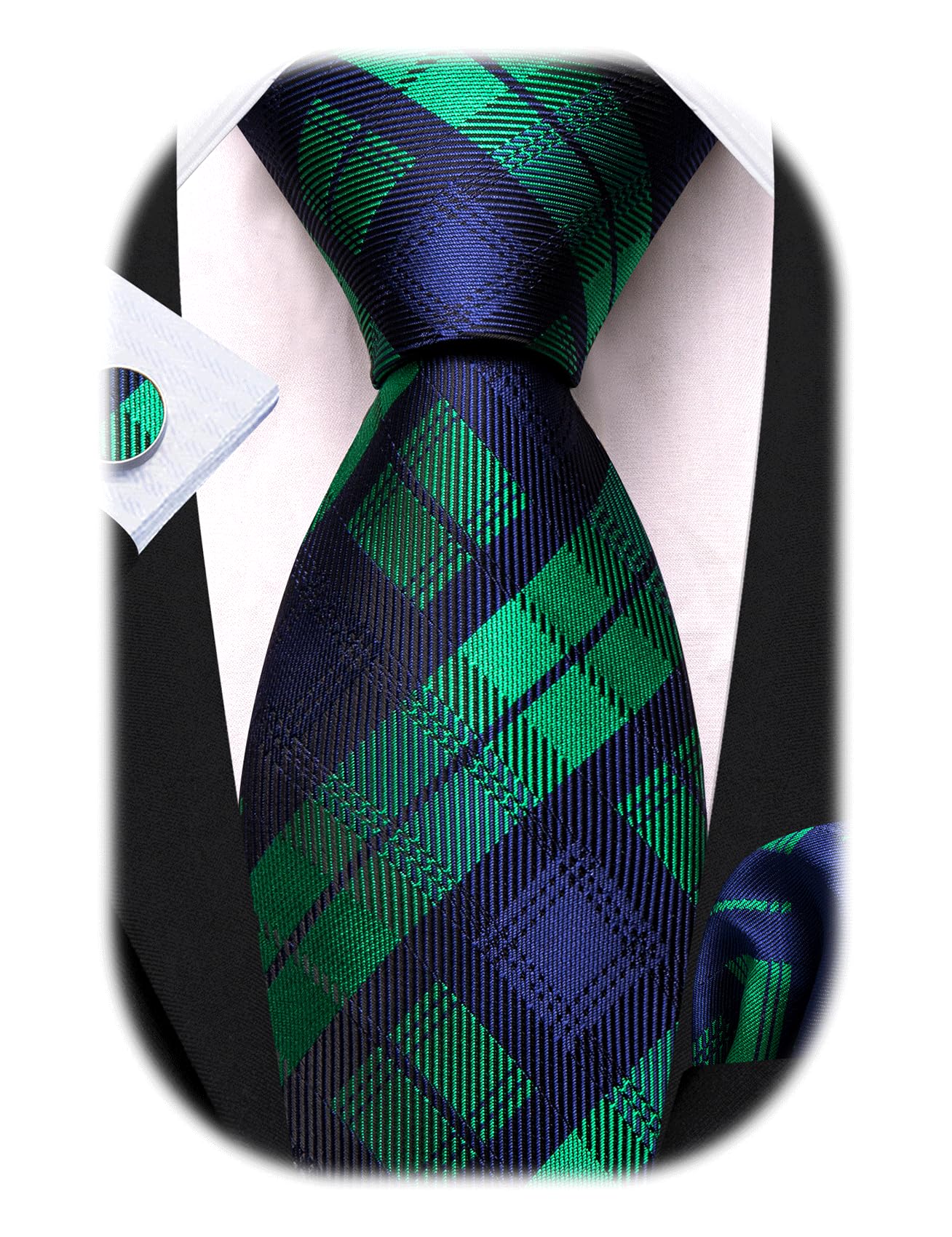 Barry.Wang Plaid Ties Check Mens Necktie Set with Handkerchief Cufflinks Classic Stripe