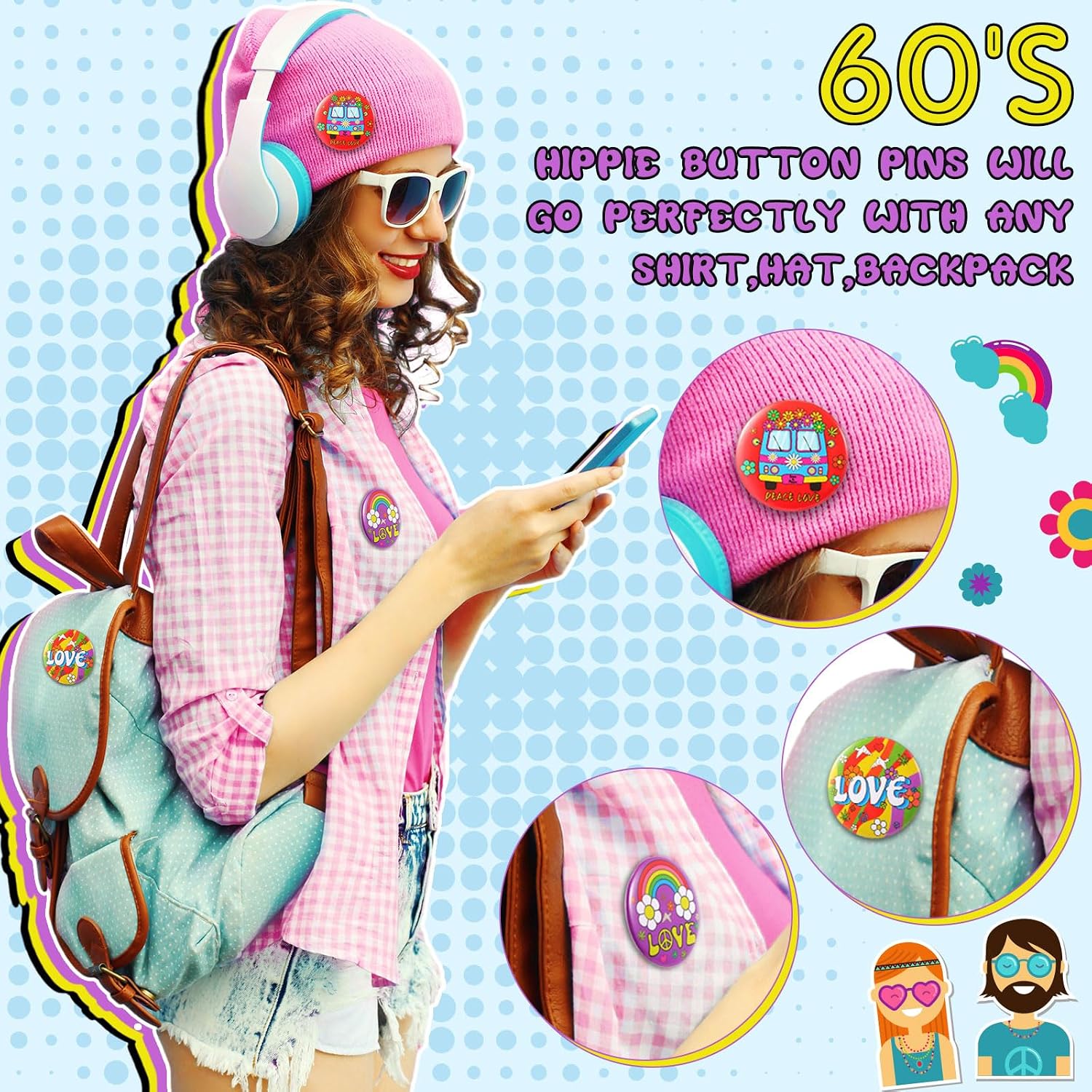 Yinkin 1.7 in 60's Hippie Button Pins Bulk for Decorating Backpack Bags Hats Jean Hippie Party Favors Accessories 12 Style