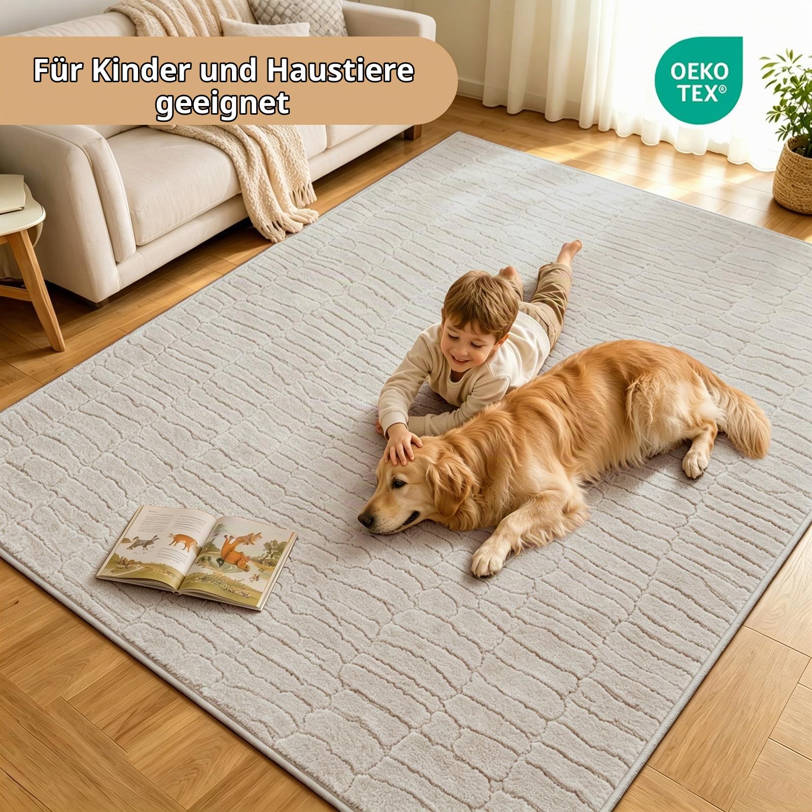 Teppich Wohnzimmer 160x230cm Waschbarer rutschfeste Kurzflor Moderner Bodenmatte 3D Effekt Teppiche für Bereich Schlafzimmer Büro Esszimmer Küche Kinderzimmer, Beige