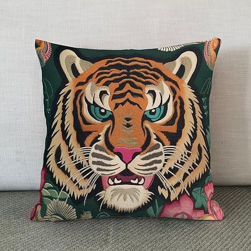 Miniatura 2 de ArogGeld Funda de almohada de tigre colorido estilo chinoiserie, funda de almohada europea de tigre tibetano, funda de almohada asiática de 20 x 20