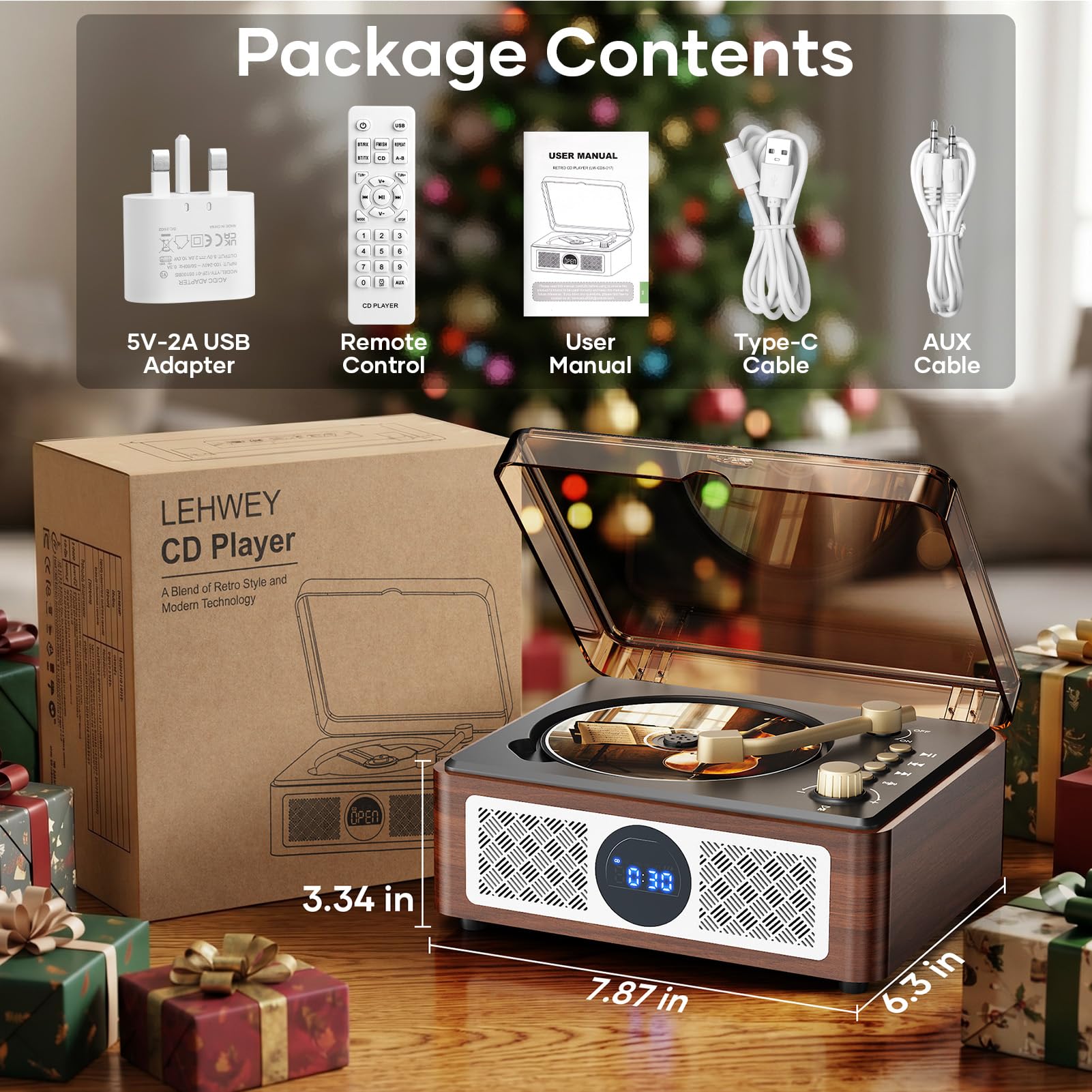 Lecteur CD portable Bluetooth Lehwey avec haut-parleurs stéréo intégrés, radio FM, répétition, télécommande, USB/AUX