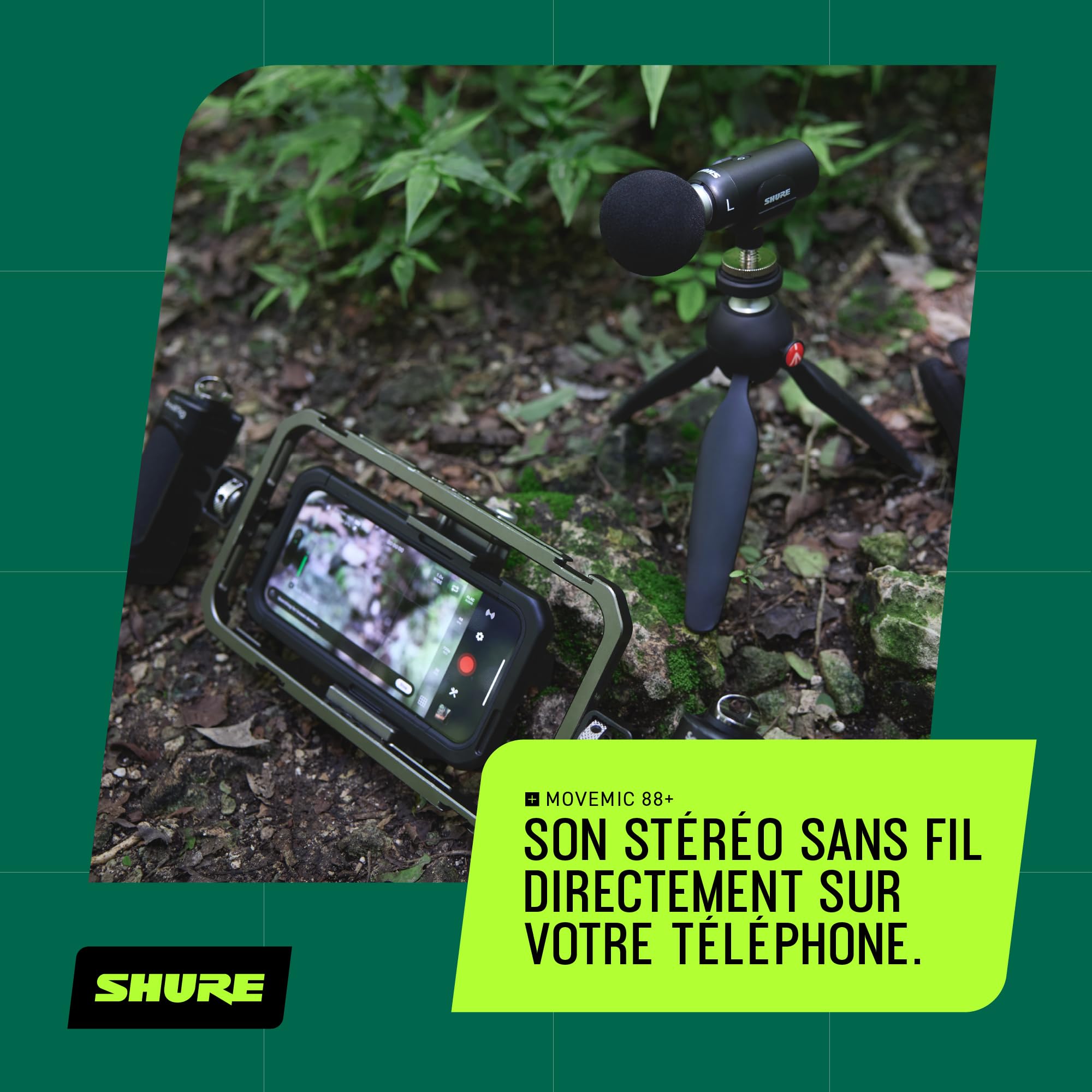 Shure MoveMic 88+ Micro Stereo sans Fil - Enregistreur Audio Professionnel pour Film/Enregistrement sur Le Terrain, interviews, 4 directivités | Compatible avec iOS/Android Via Les Applications Motiv