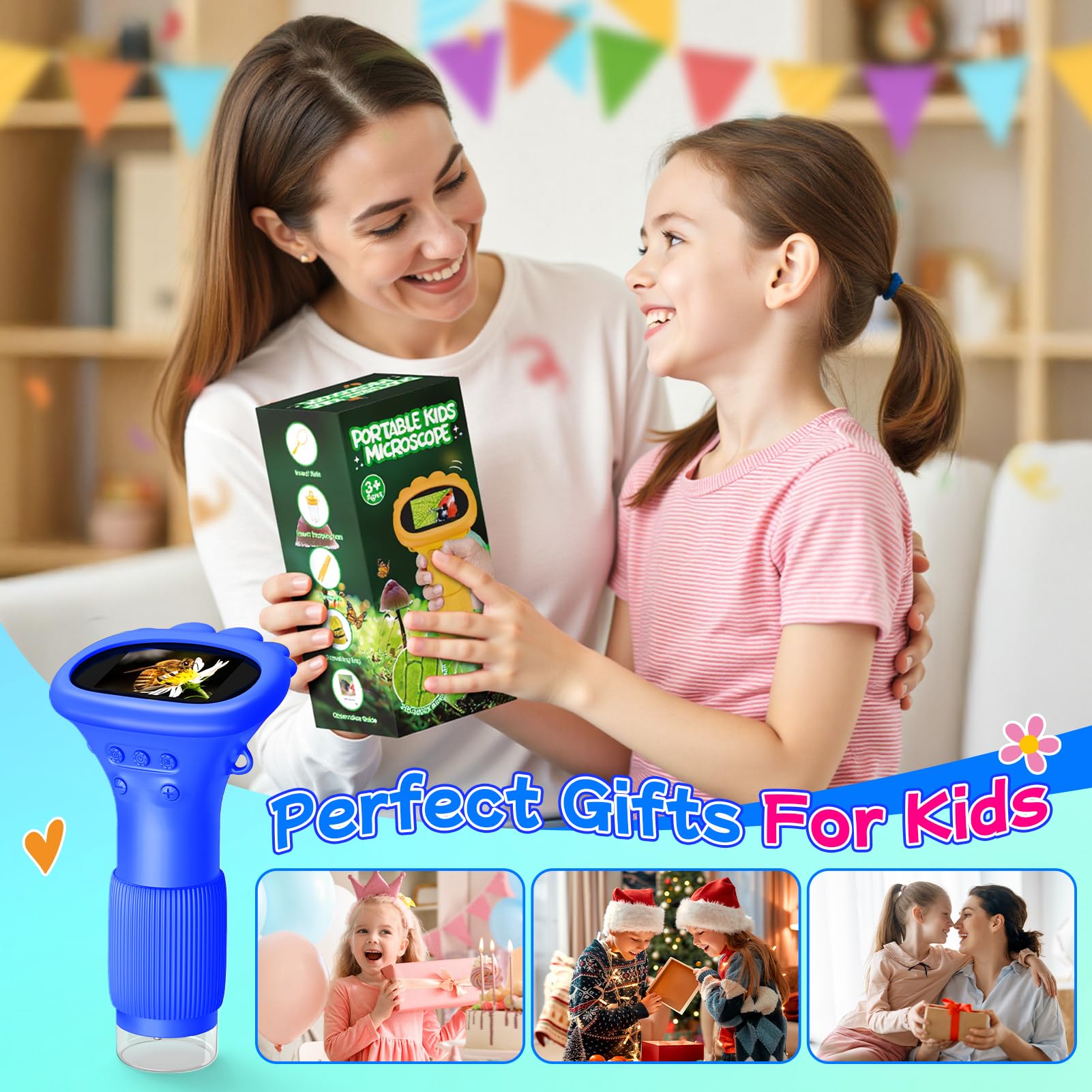 Microscopio per Bambini, Microscopio Digitale Portatile per Bambini, Schermo IPS da 2,0 Pollici, Ricaricabile USB, 8 luci LED, 1000x, Giochi Regalo Bambino 3-12 Anni Maschio - Blu