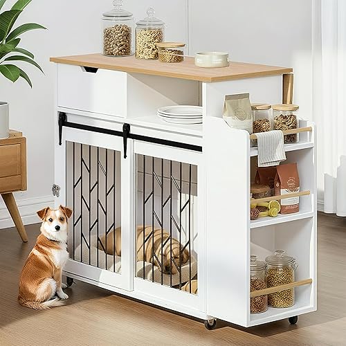 2 in 1 Modern Dog Crate Kitchen Island with Storage for Small-Sized Dogs up to 40lbs, 33.8" L, Cream White Dog Furniture End Table with Wheels