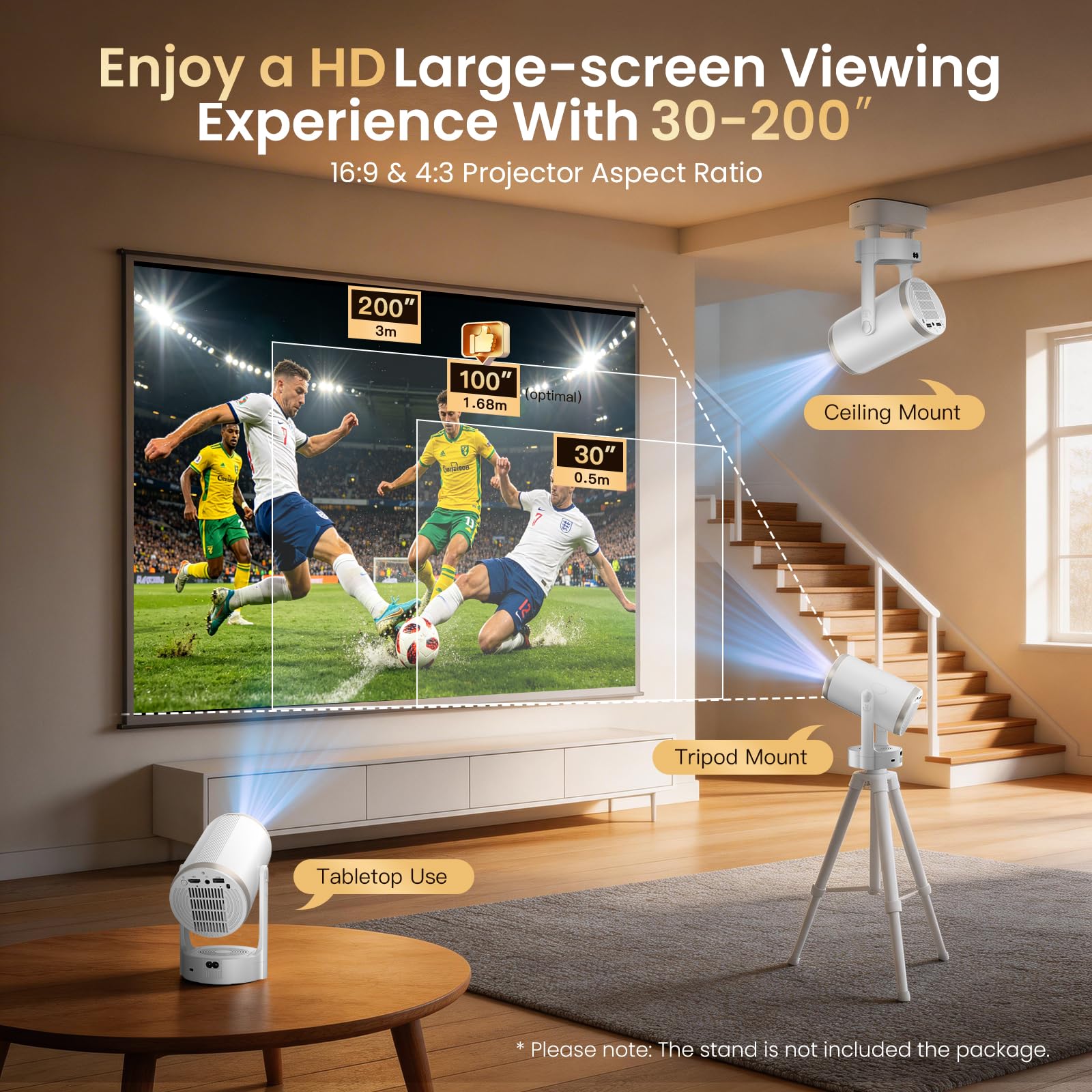 Proiettore Portatile Supporto 4K 1080P, Mini Proiettore Android 12.0 WiFi 6 Bluetooth 5.4, 260 ANSI Lumen, Auto Keystone e Zoom Regolabile, Rotazione a 180°, Schermo 30 a 200 Pollici per Home Cinema