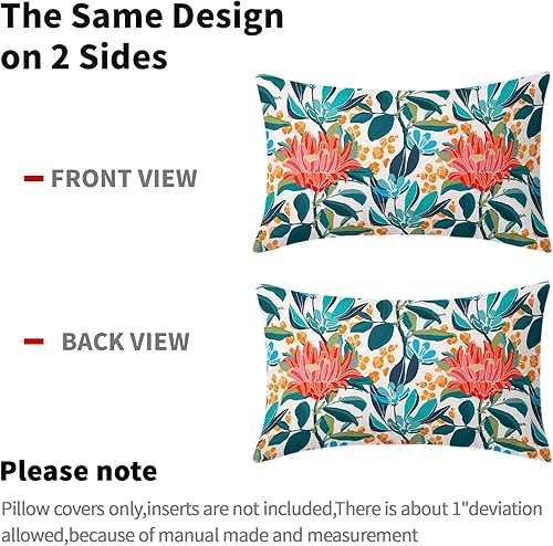 Miniatura 4 de Kawani Juego de 2 fundas de almohada lumbares rectangulares de 12 x 20 pulgadas con diseño floral de coral verde turquesa, hojas y flores naranjas,
