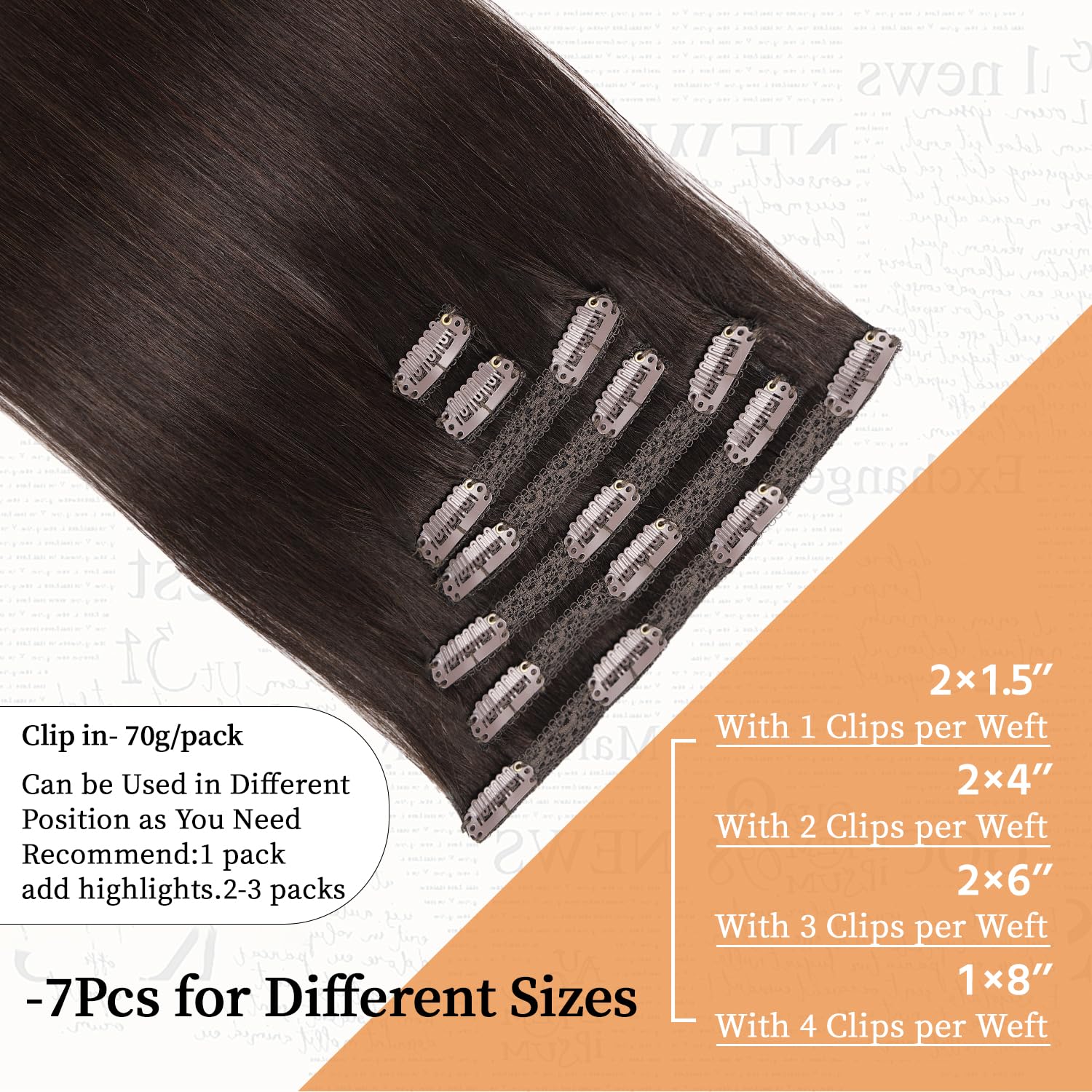 Clip in Hair Extensions Real Human Hair 14 inch, 7Pcs/70g Human Hair Clip in Extensions, Seamless Clip in Hair Extensions Human Hair #2 Dark Brown, 14 Inch