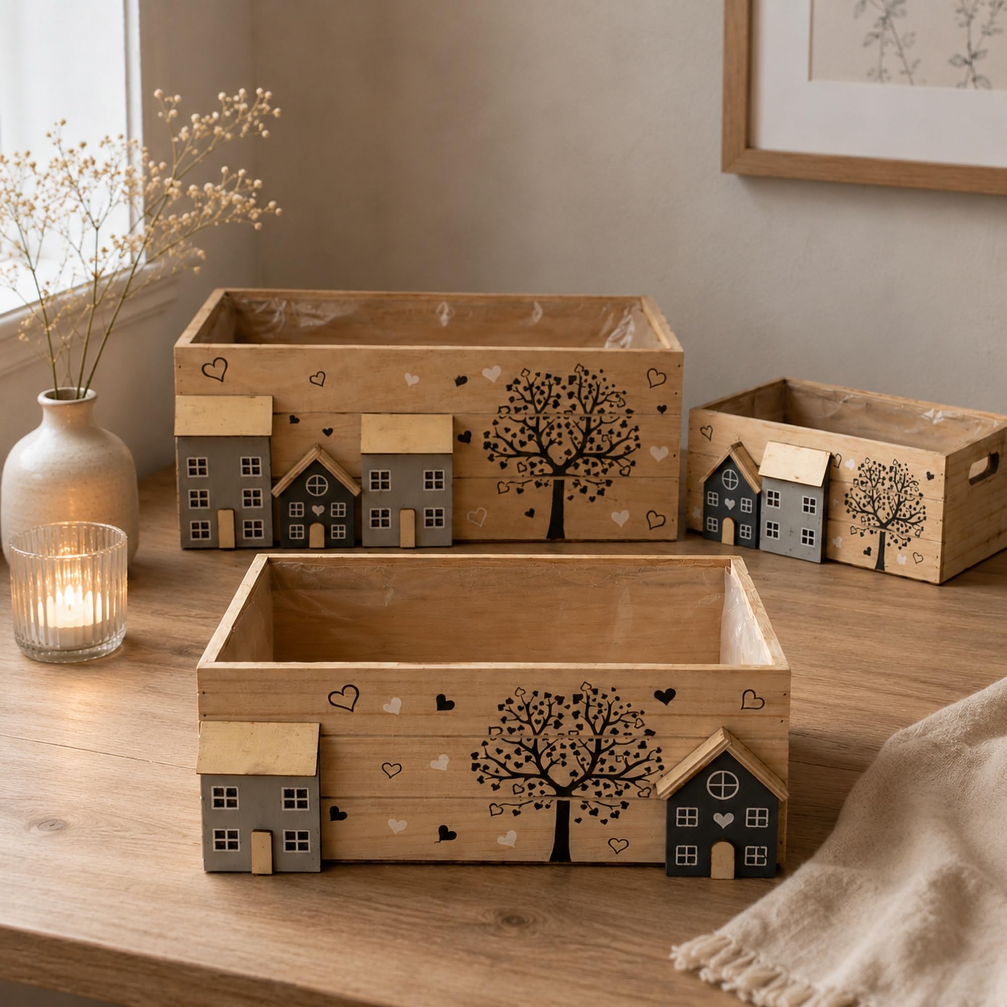 Set di 3 casse in legno UNUS come scatole portaoggetti, scatole decorative, scatole organizzatrici con manici