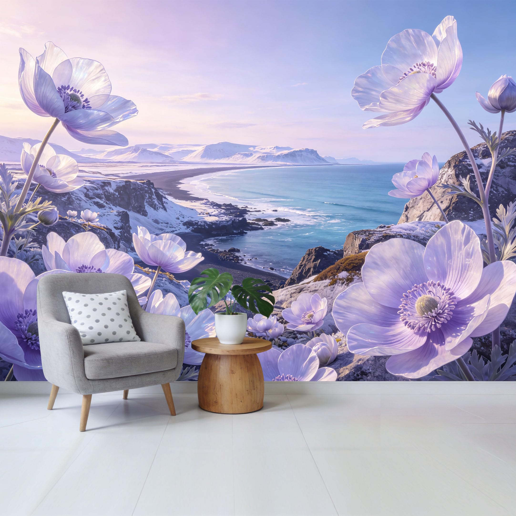 Qzlithotic Yq2605250682 Custom Size Wall Mural Purple Anemone Flowers Scenic Coastal Landscape Winter Mountain View Selfadhesive Wall Fabric Removable Wallpaper For Home Office Decor