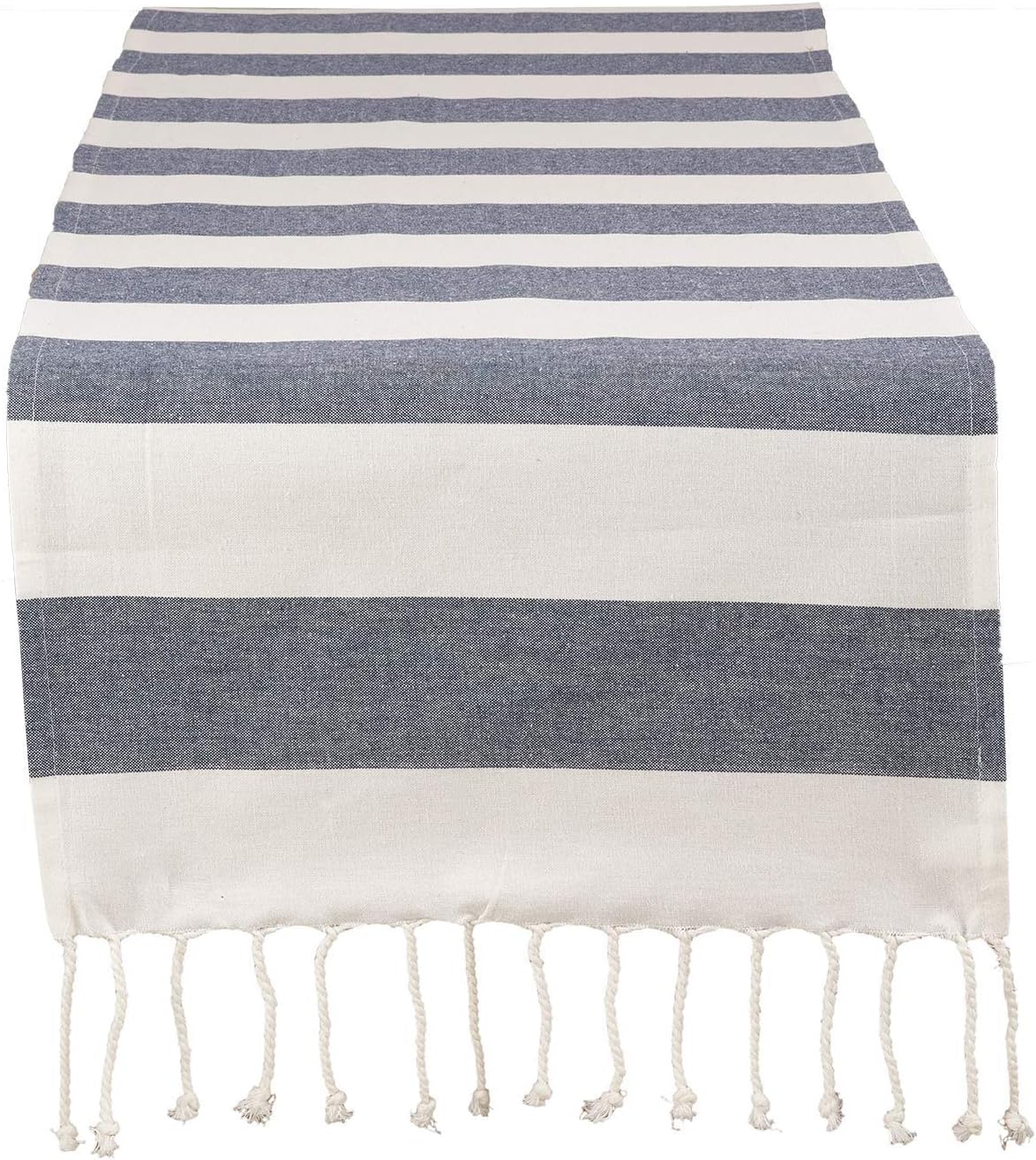 Fennco Styles Cabana Collection Nautical Striped Tassel 100% Pure Cotton 16 x72 Inch Table Runner - Navy Blue Table Runner for Wedding Banquets, Family Dinner, Special Events and Home Décor