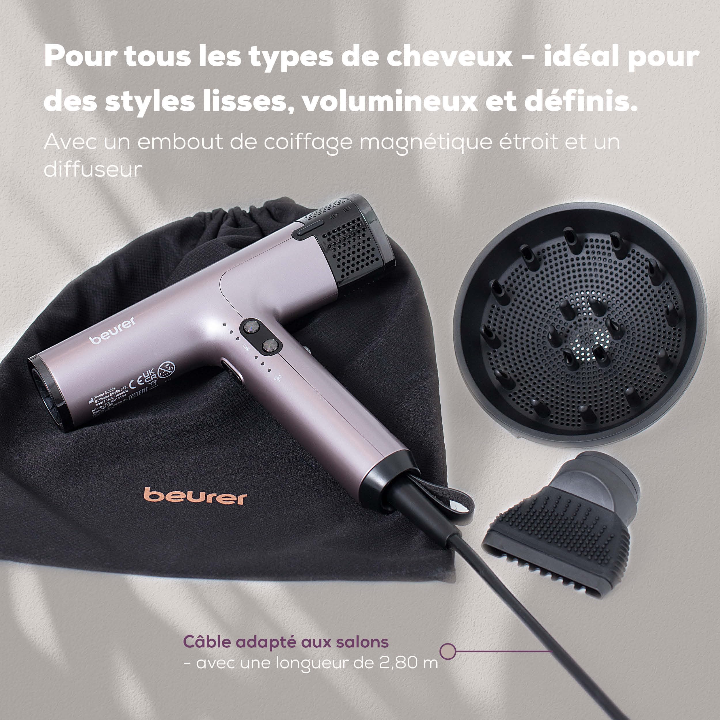 Beurer HC 100 Excellence Sèche-cheveux ionique, puissant et ultra léger, 4 niveaux de température et de soufflerie, séchage rapide et douceur, buse de styling & diffuseur boucle professionnel