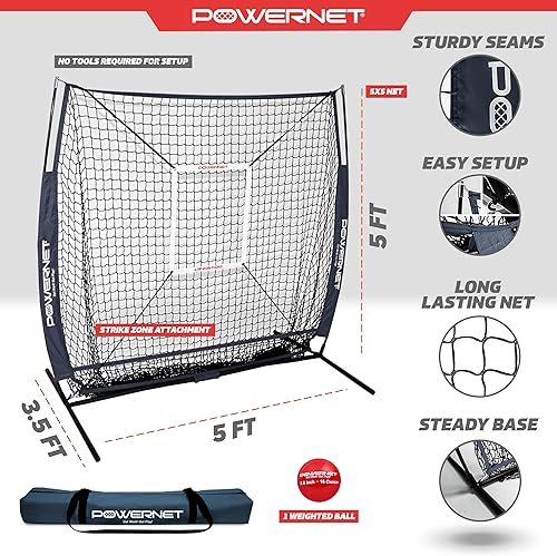 Miniatura 9 de PowerNet 5x5 Practice Net + Strike Zone + Weighted Training Ball Bundle  Baseball Softball Coaching Aid  Compact Lightweight Ultra Portable  Hitting