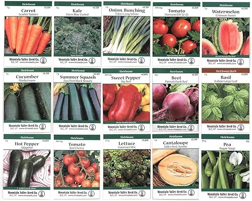 Heirloom jardín de verduras Semillas Collection – Surtido de 15 No OMG, fácil crecer, jardinería semillas: zanahoria, cebolla, tomate, guisantes, más
