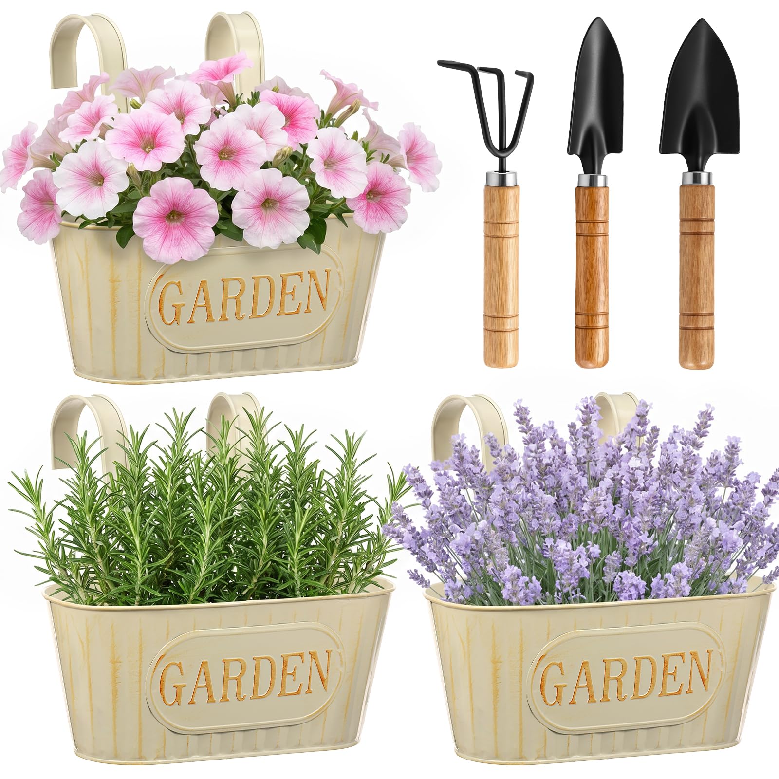 Jokapy 3Pcs Hanging Flower Pot Iron Hanging Planter with Detachable Hook Fence Planter for Balcony Railing Garden Decor Trowel and Rake Included