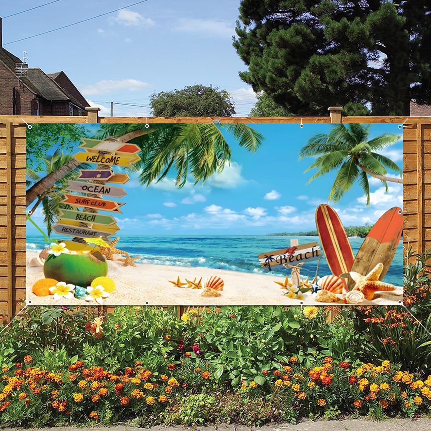 Hawaiian Beach Garage Door Cover Banner Decorations Backdrop 8x16ft Large Summer Aloha Beach Tropical Ocean Palm Surfboard Garage Door Cover Outdoor Birthday Party Baby Shower Garage Door Decorations